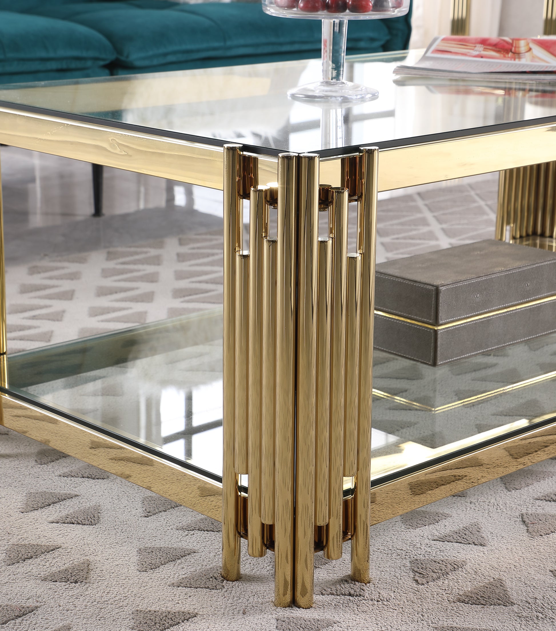 20" Wide Square End Table With Glass Top, Golden Stainless Steel Tempered Glass Coffee Table For Living Room&Bed Room Polished Golden Stainless Steel