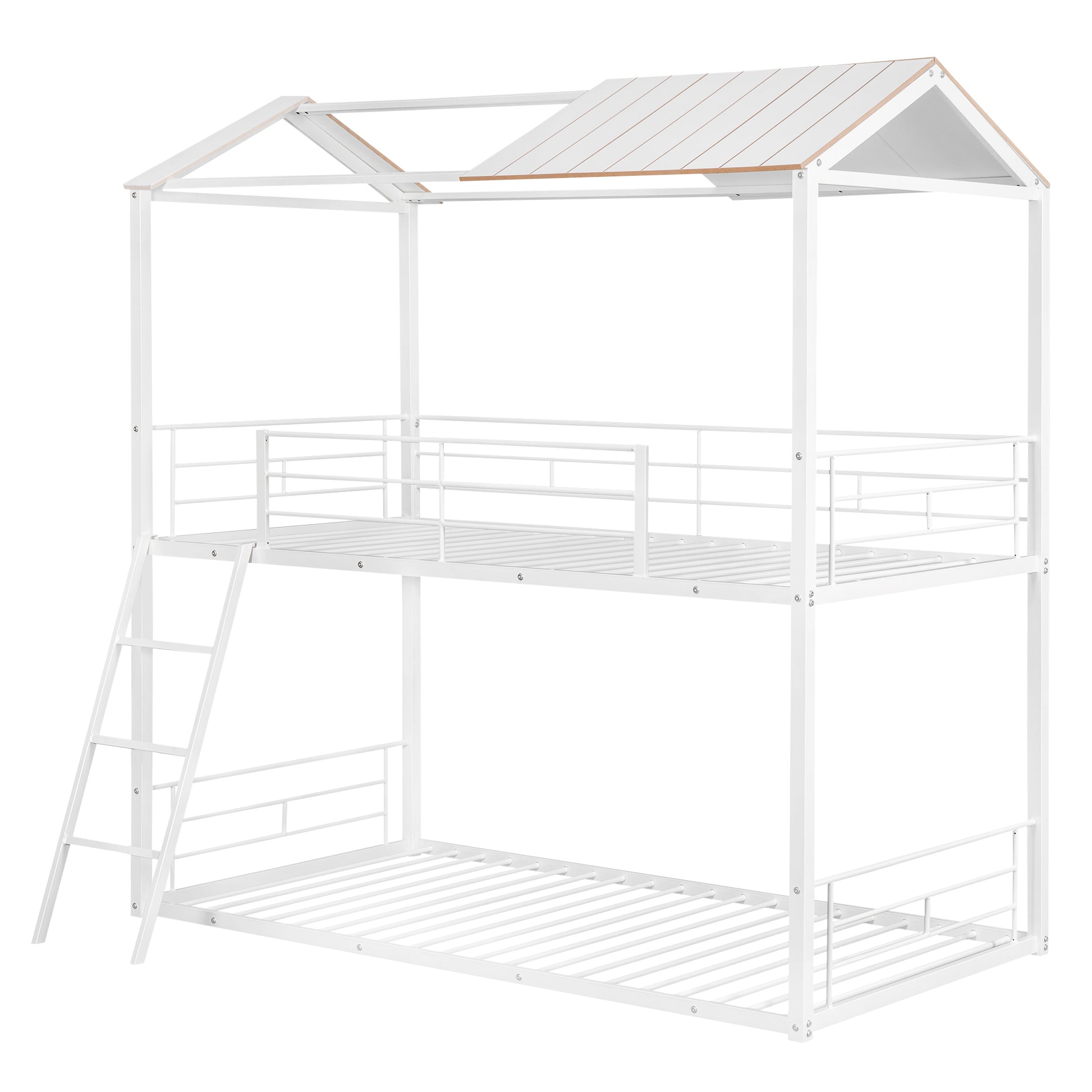 Twin Over Twin Bunk Bed Metal Bed With Half Roof, Guardrail And Ladder White White Metal