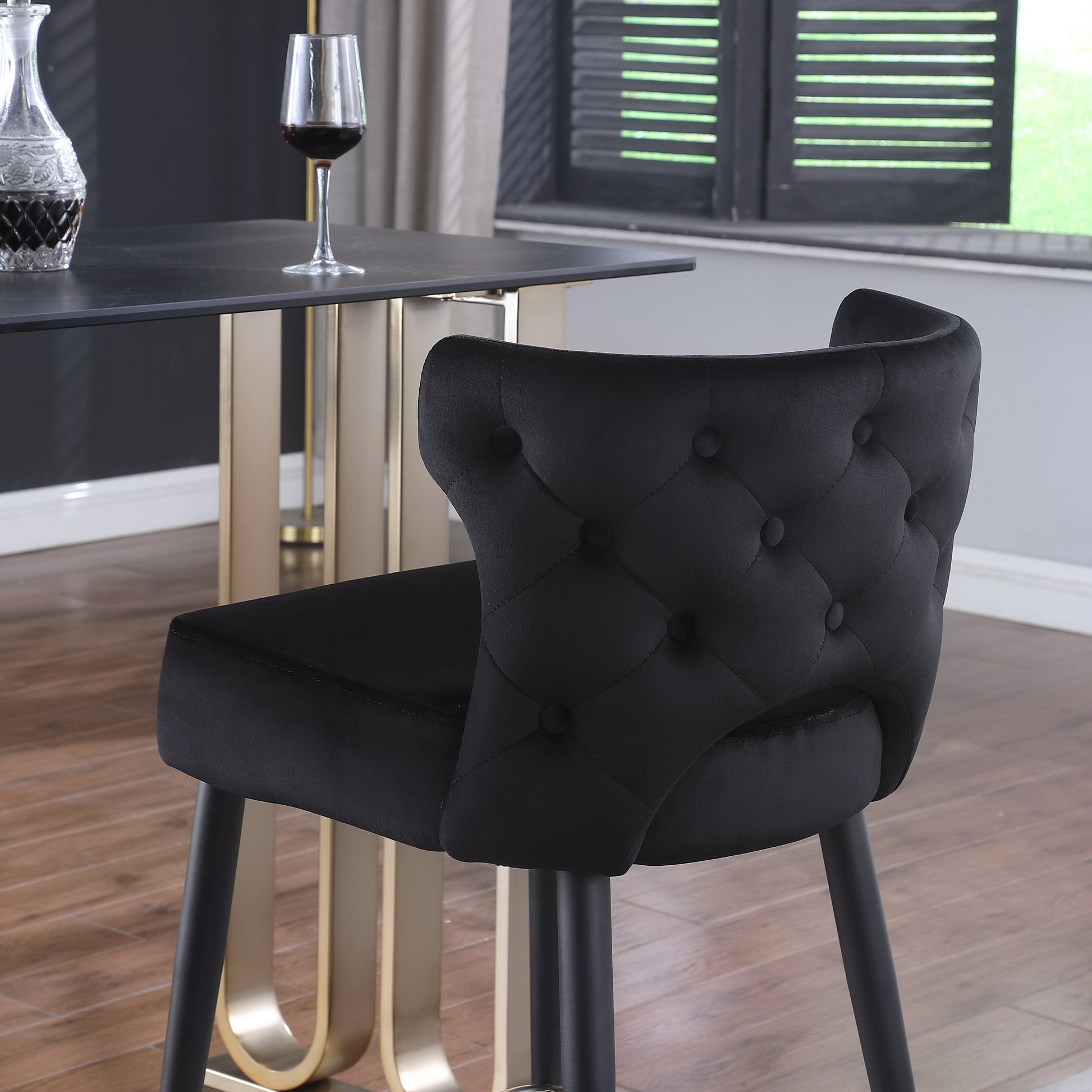 Contemporary Velvet Upholstered Counter Height Stool With Gold Tipped, Black Metal Legs, 22" W X 19" D X 38.5" H, Black Black Foam Metal