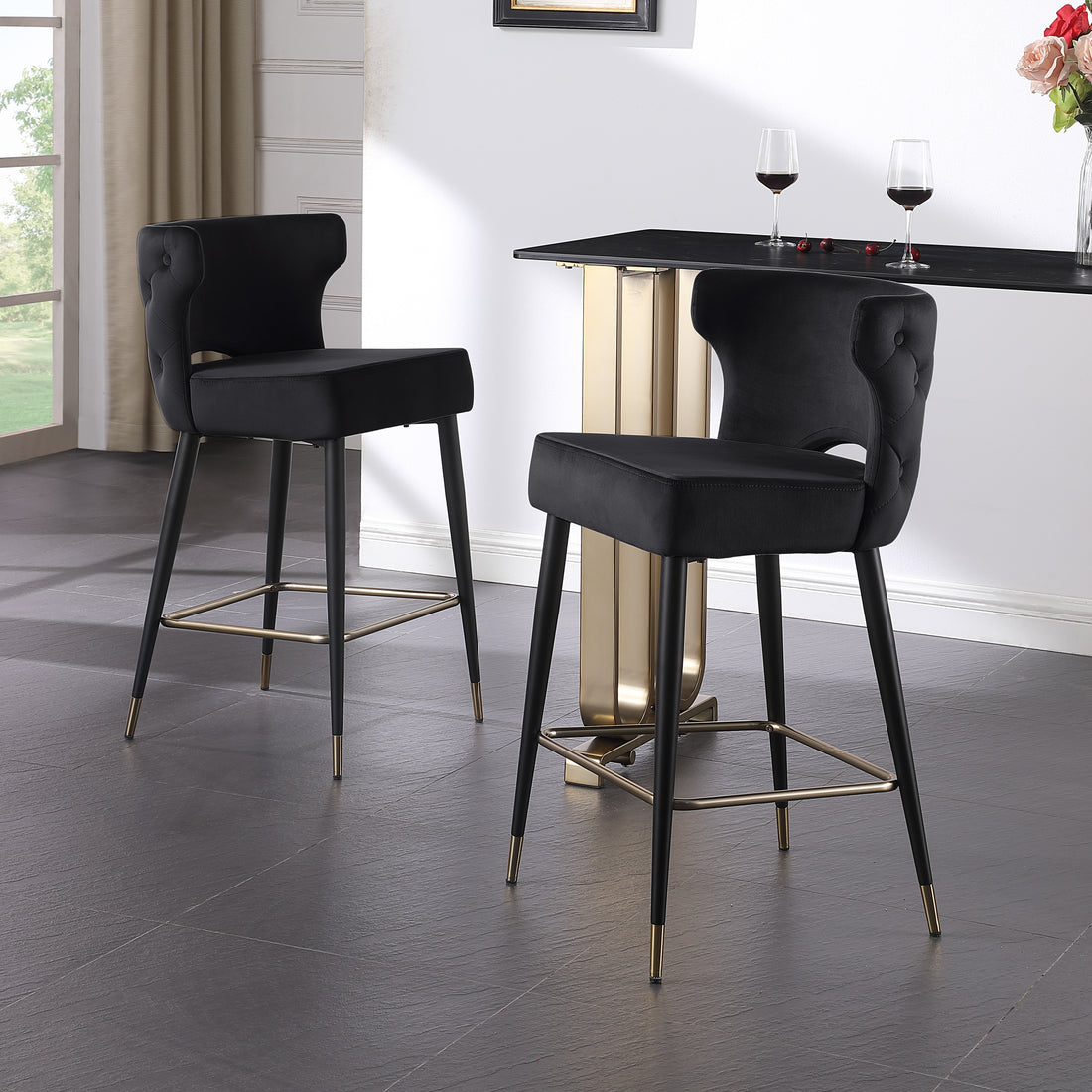 Contemporary Velvet Upholstered Counter Height Stool With Gold Tipped, Black Metal Legs, 22" W X 19" D X 38.5" H, Black Black Foam Metal