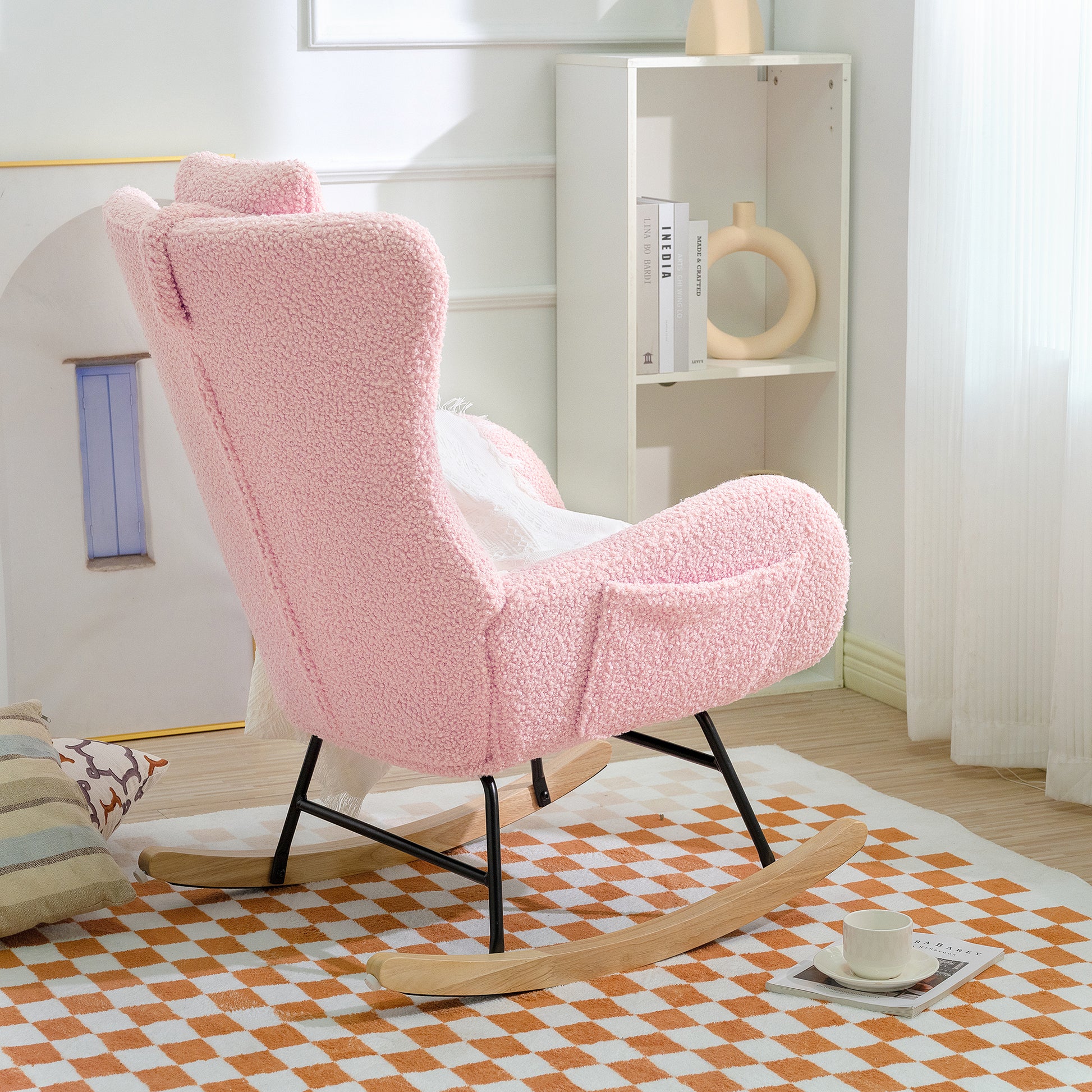 Rocking Chair Nursery, Teddy Upholstered Rocker Glider Chair With High Backrest, Adjustable Headrest & Pocket, Comfy Glider Chair For Nursery, Bedroom, Living Room, Offices, Rubber Wood, Pink Pink Polyester