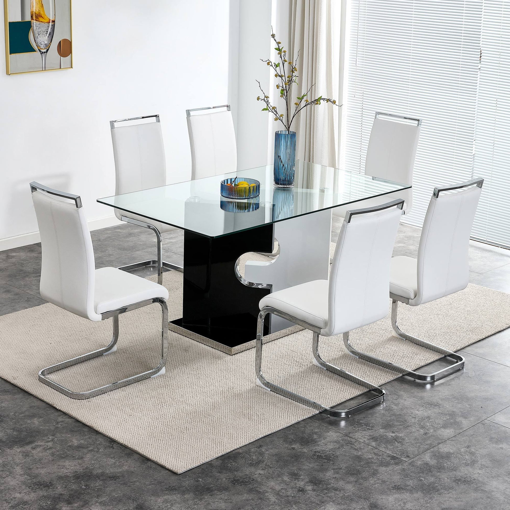 Large Modern Minimalist Rectangular Glass Dining Table For 6 8 With 0.39" Tempered Glass Tabletop And Mdf Slab Special Shaped Bracket,For Kitchen Dining Living Meeting Room Banquet Hall 1547 Transparent Glass