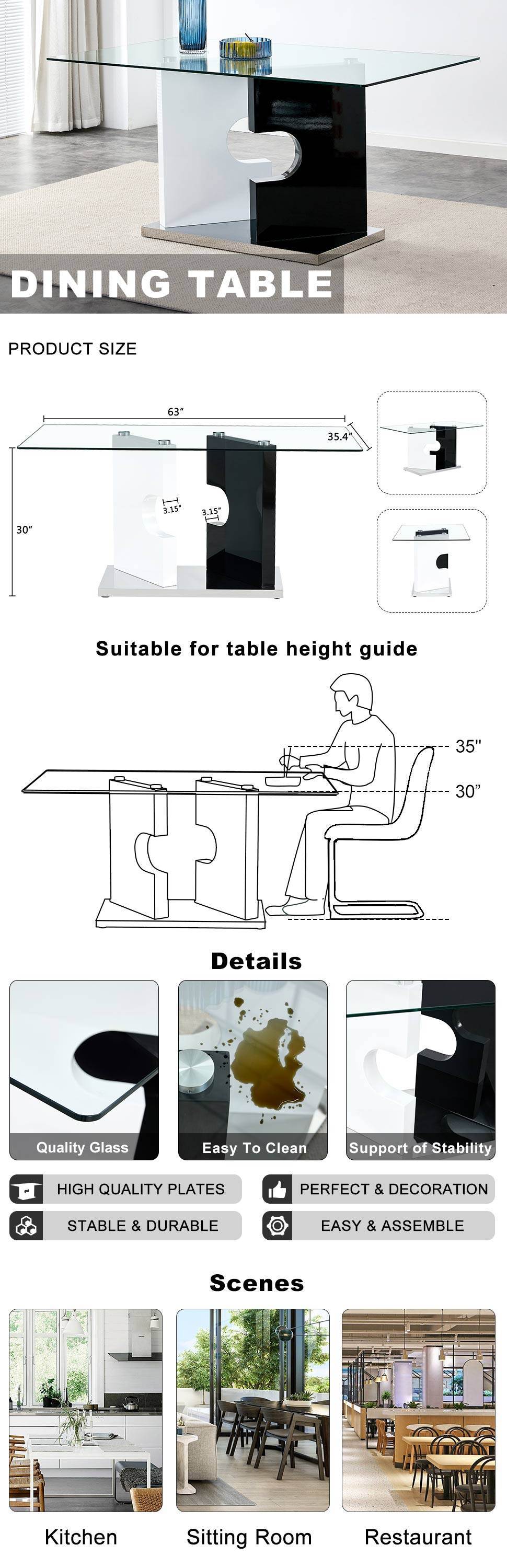 Large Modern Minimalist Rectangular Glass Dining Table For 6 8 With 0.39" Tempered Glass Tabletop And Mdf Slab Special Shaped Bracket,For Kitchen Dining Living Meeting Room Banquet Hall 1547 Transparent Glass