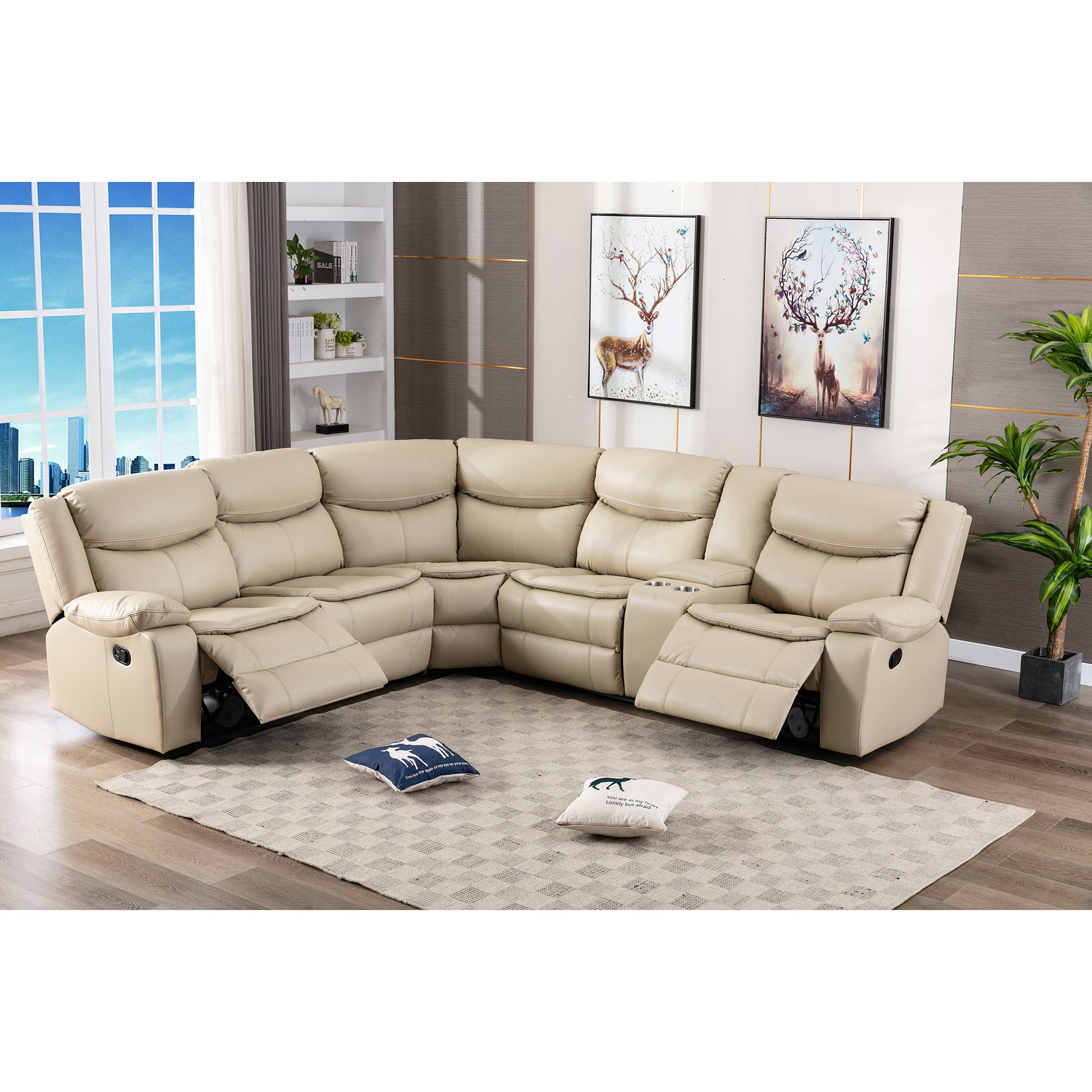 L Shapeleather Power Reclining Sectional Sofa Set With Usb Port, Cream Cream Leather