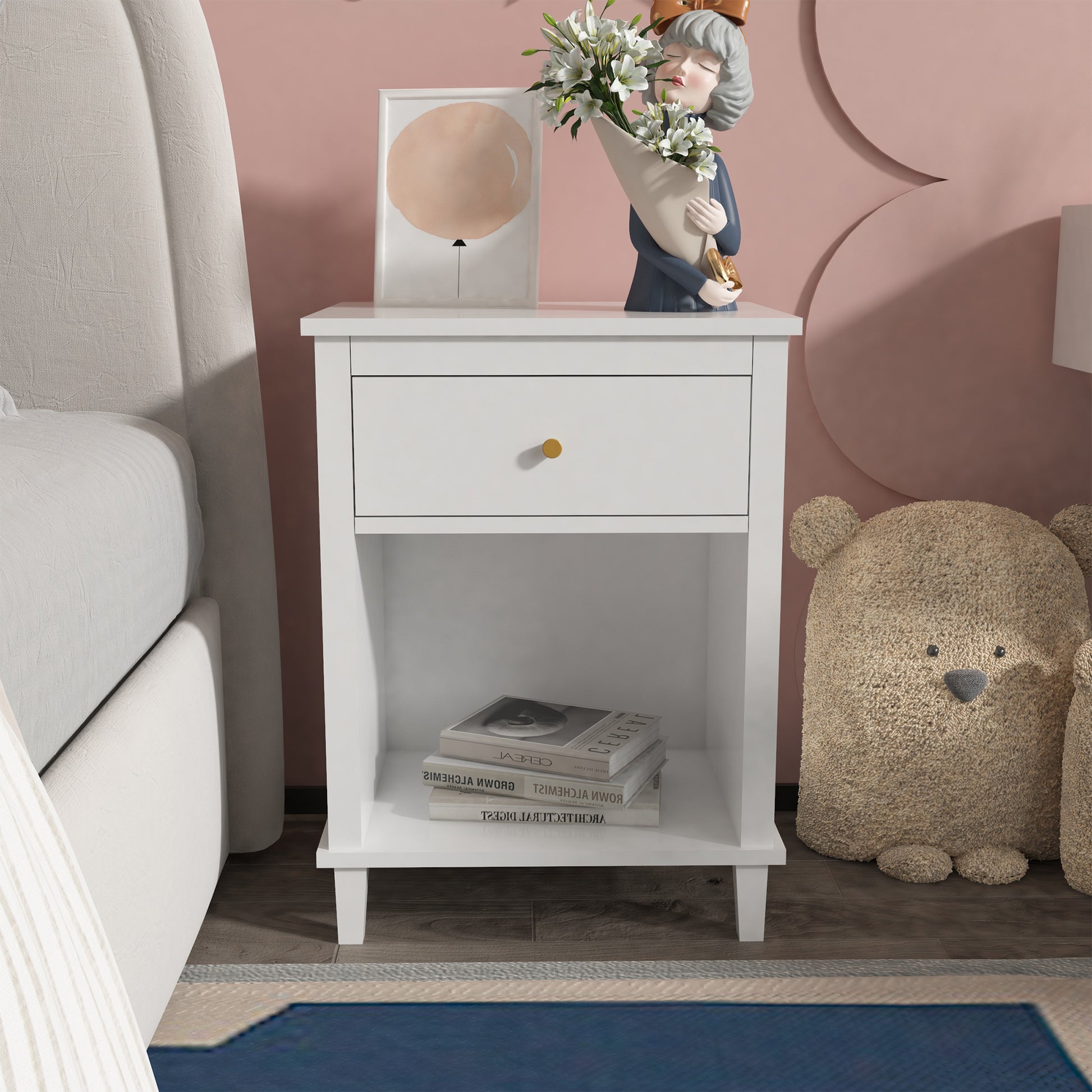 26.77''H Wooden Nightstand With One Drawer One Shelf For Kids, Adults, White White Mdf