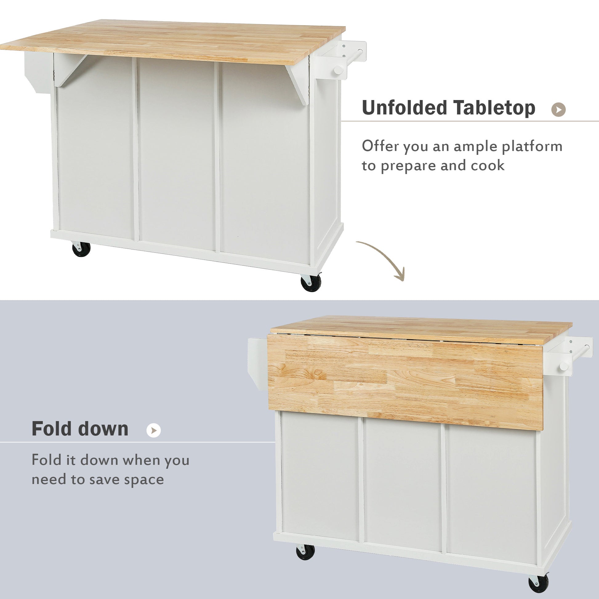 Kitchen Cart with Rubber wood Drop Leaf Countertop white-mdf