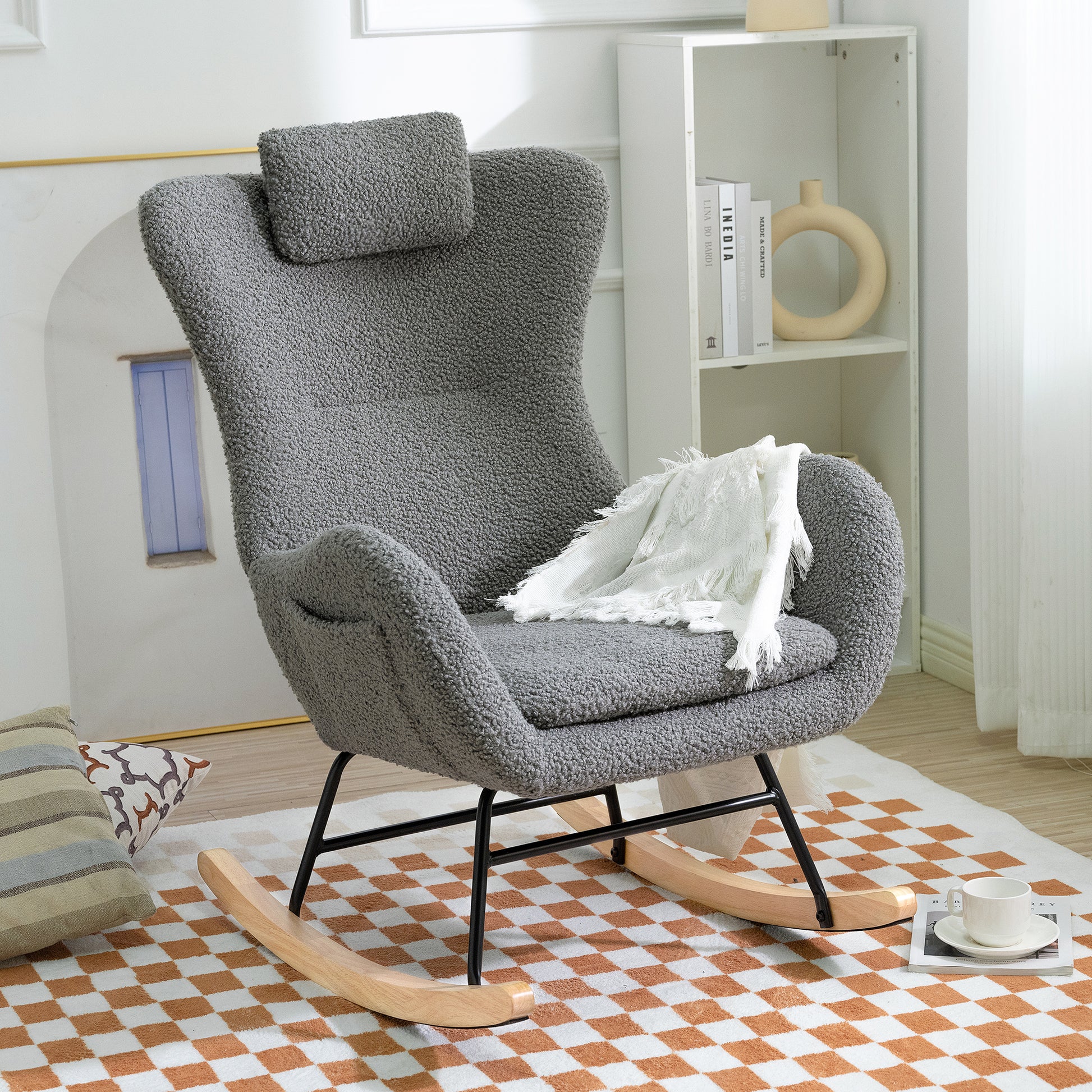 Rocking Chair Nursery, Teddy Upholstered Rocker Glider Chair With High Backrest, Adjustable Headrest & Pocket, Comfy Glider Chair For Nursery, Bedroom, Living Room, Offices, Rubber Wood, Gray Gray Polyester