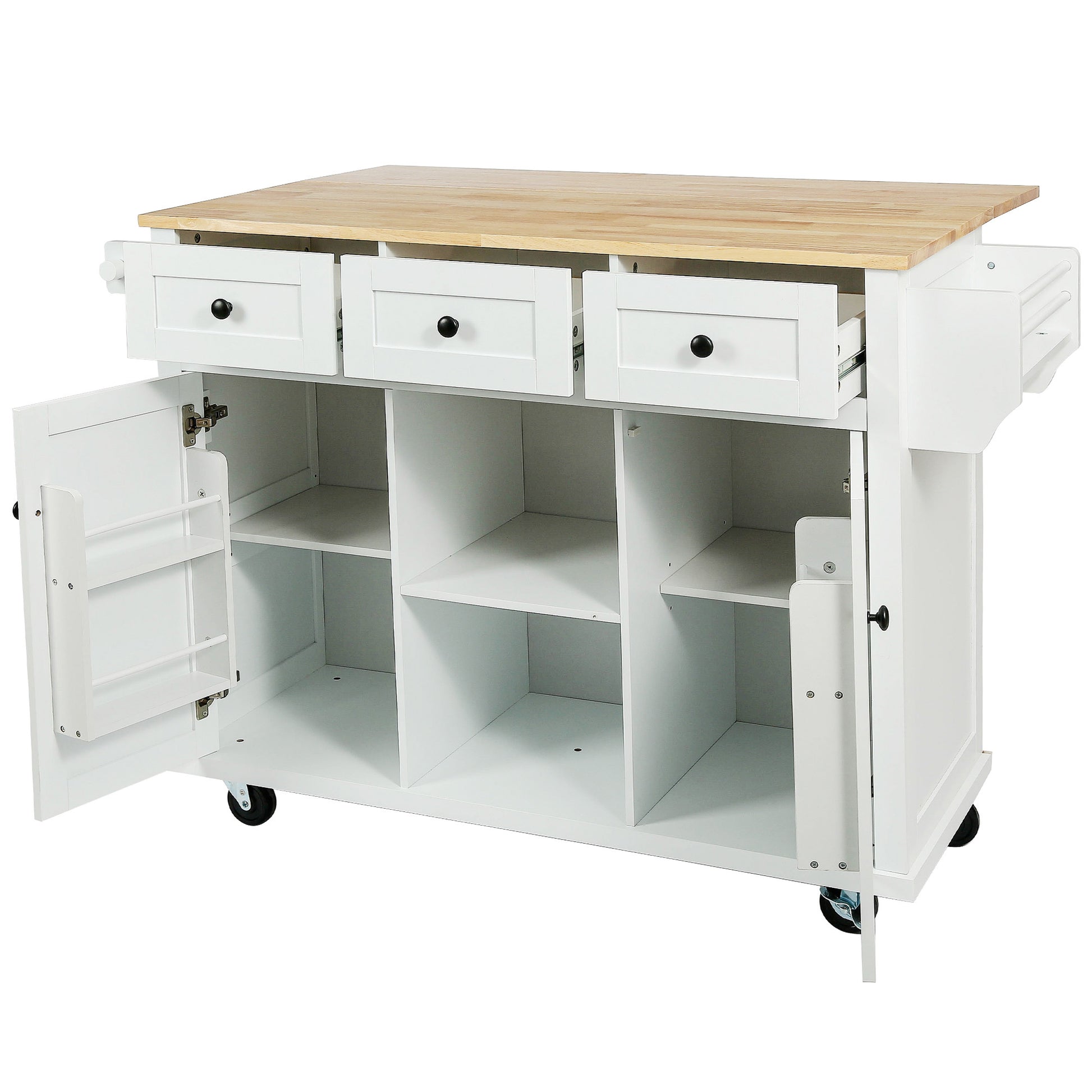 Kitchen Cart with Rubber wood Drop Leaf Countertop white-mdf