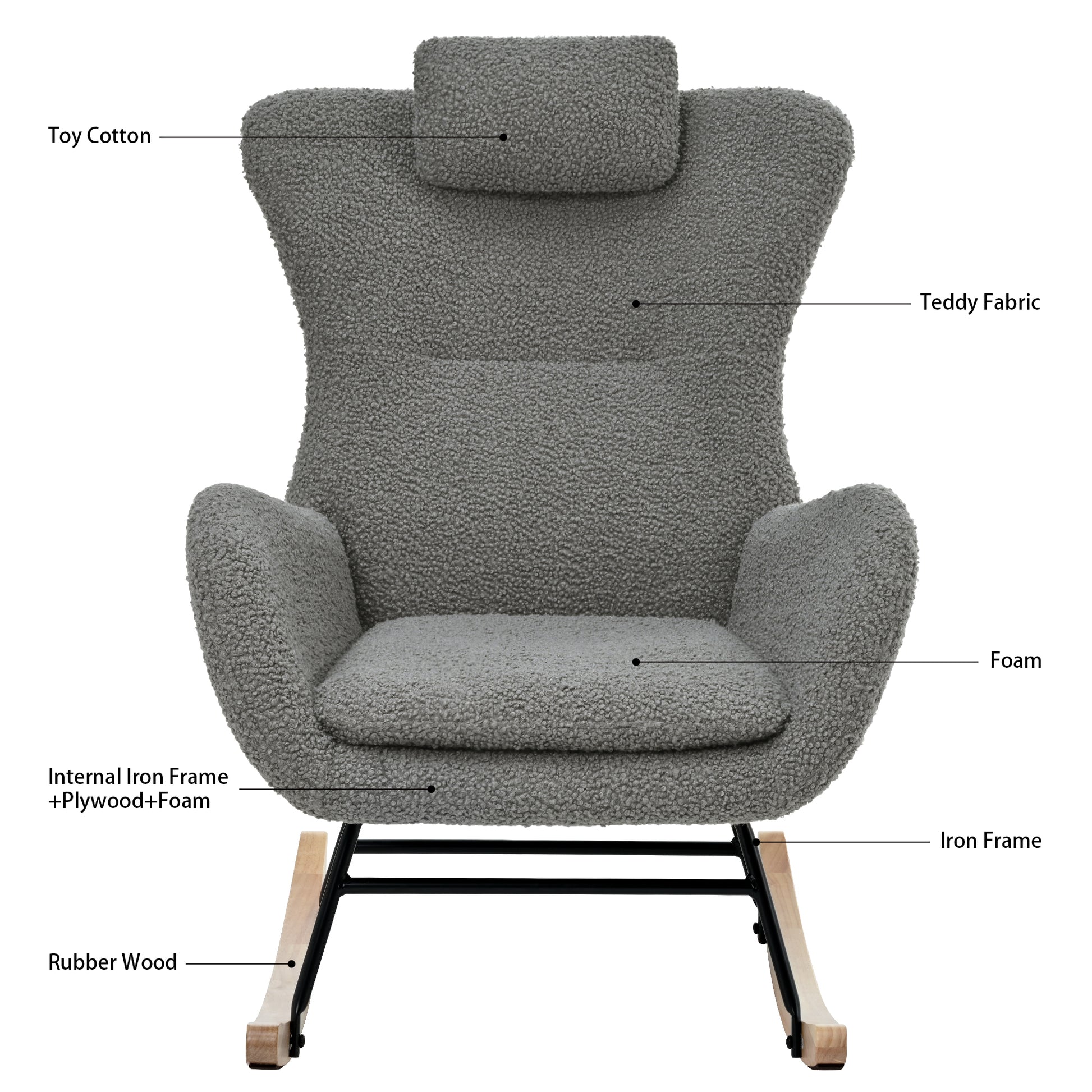 Rocking Chair Nursery, Teddy Upholstered Rocker Glider Chair With High Backrest, Adjustable Headrest & Pocket, Comfy Glider Chair For Nursery, Bedroom, Living Room, Offices, Rubber Wood, Gray Gray Polyester