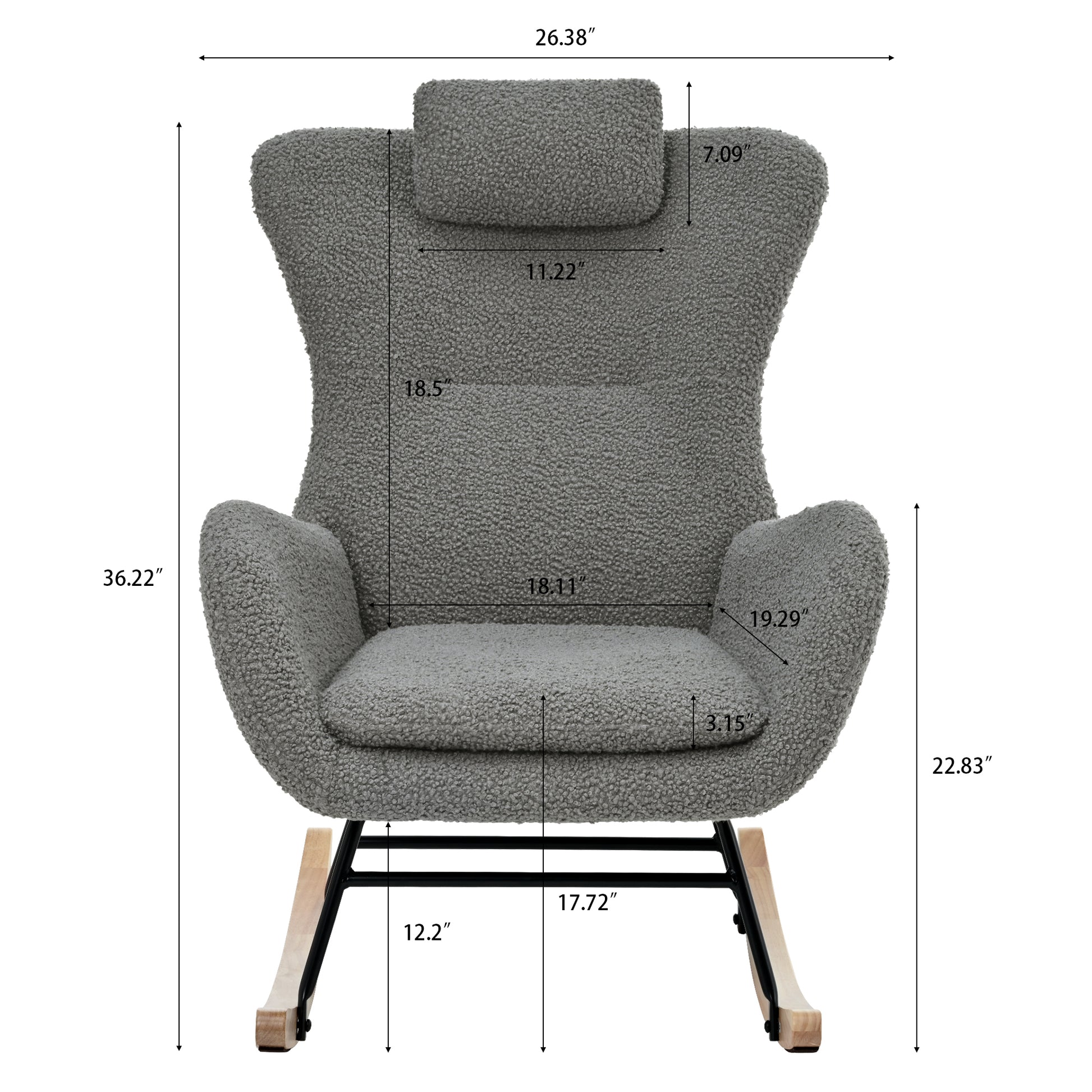 Rocking Chair Nursery, Teddy Upholstered Rocker Glider Chair With High Backrest, Adjustable Headrest & Pocket, Comfy Glider Chair For Nursery, Bedroom, Living Room, Offices, Rubber Wood, Gray Gray Polyester