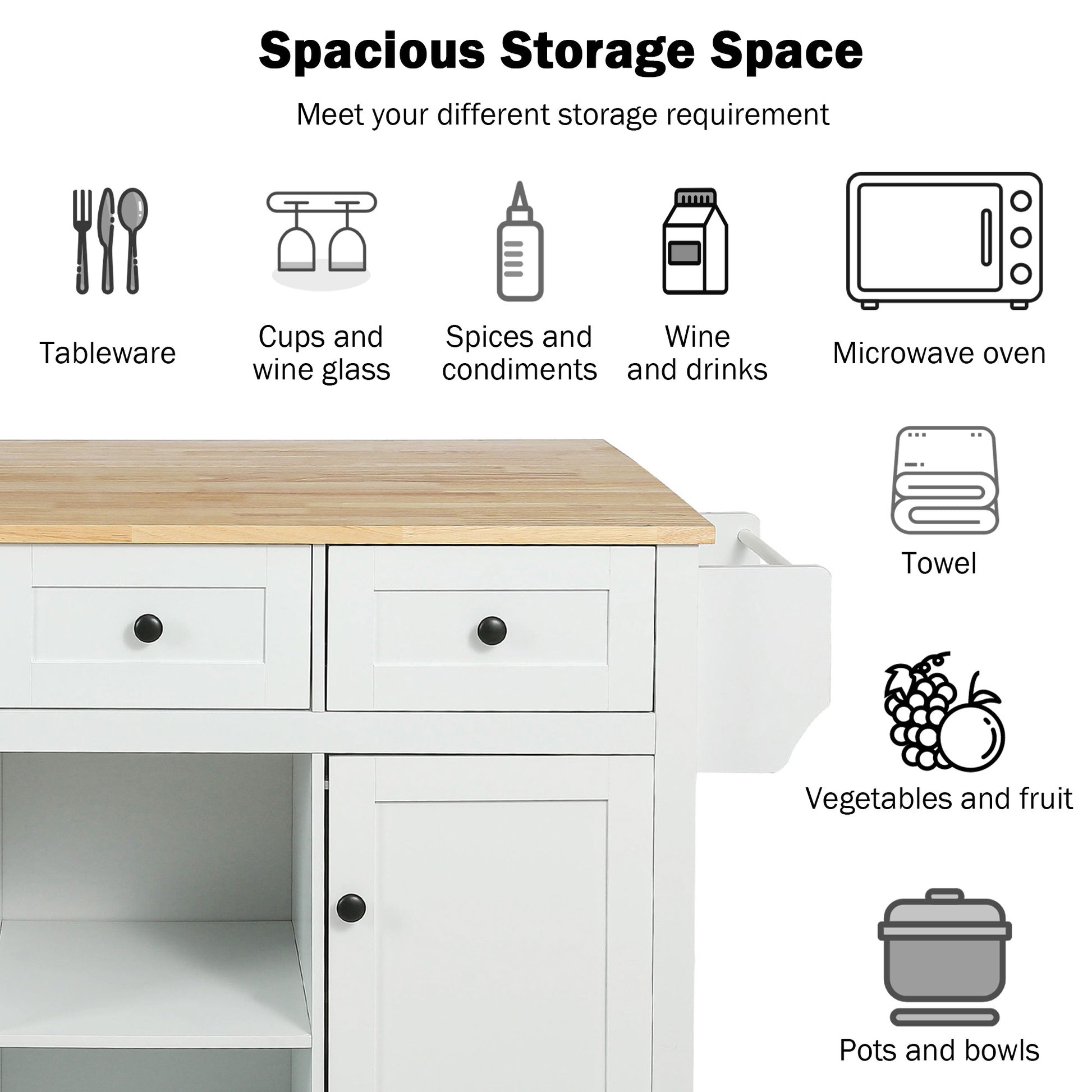 Kitchen Cart With Rubber Wood Drop Leaf Countertop ,Cabinet Door Internal Storage Racks,Kitchen Island On 5 Wheels With Storage Cabinet And 3 Drawers For Dinning Room,White White Mdf