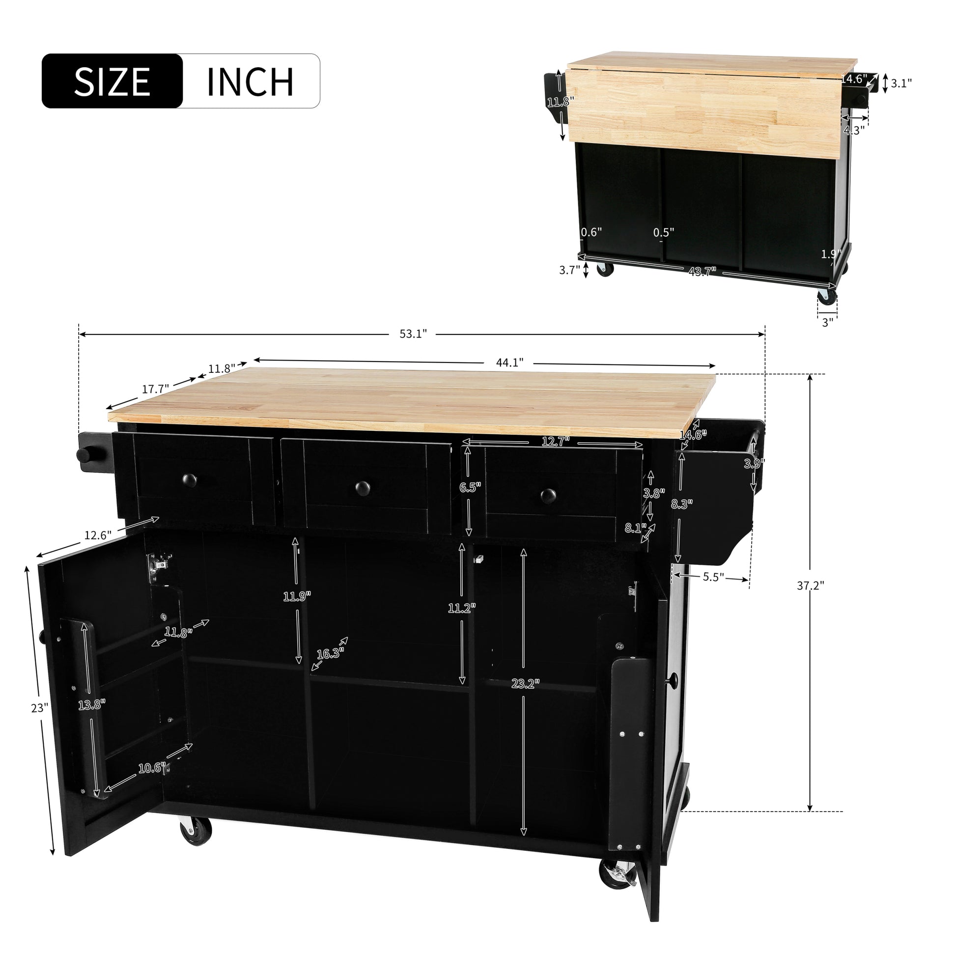 Kitchen Cart with Rubber wood Drop Leaf Countertop black-mdf