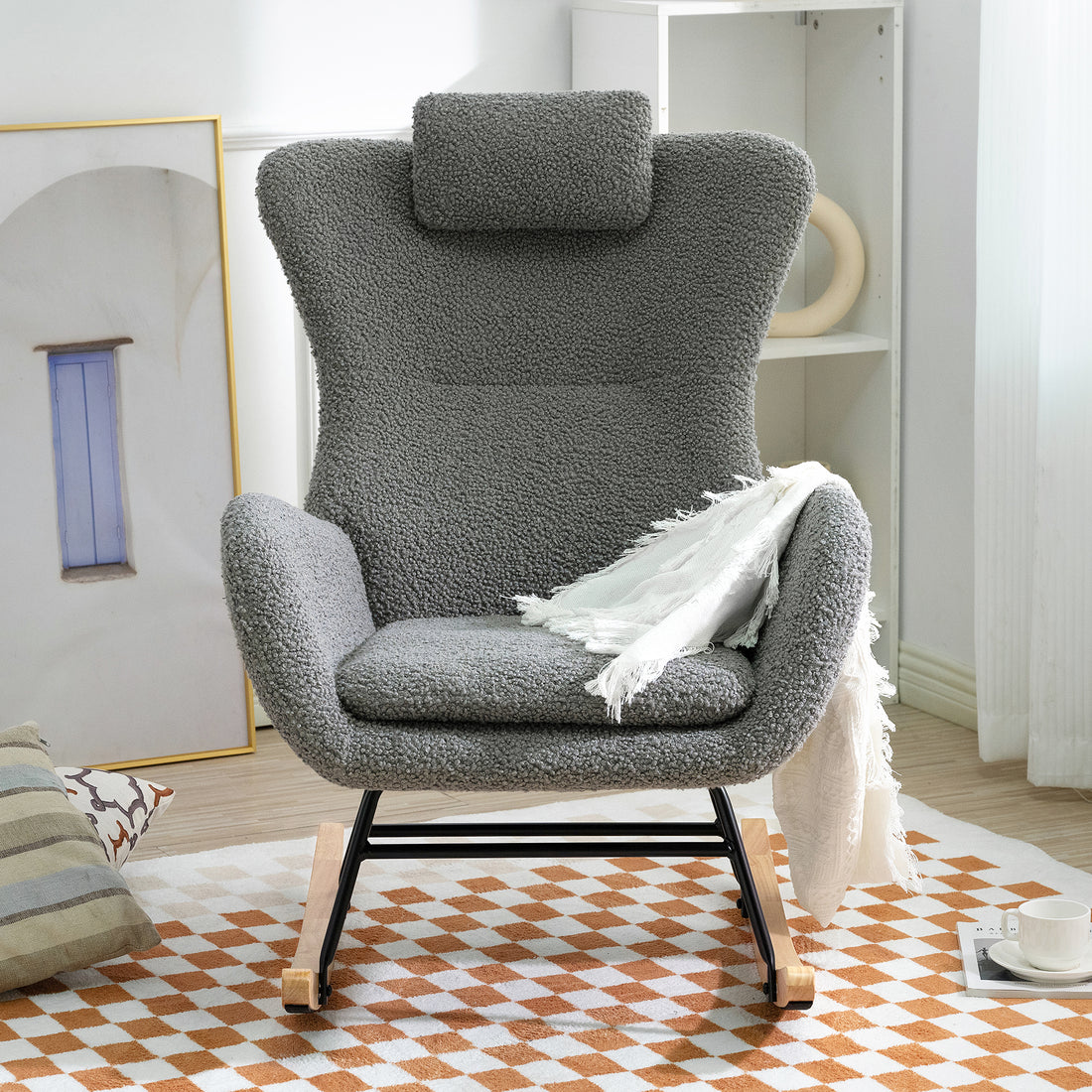 Rocking Chair Nursery, Teddy Upholstered Rocker Glider Chair With High Backrest, Adjustable Headrest & Pocket, Comfy Glider Chair For Nursery, Bedroom, Living Room, Offices, Rubber Wood, Gray Gray Polyester