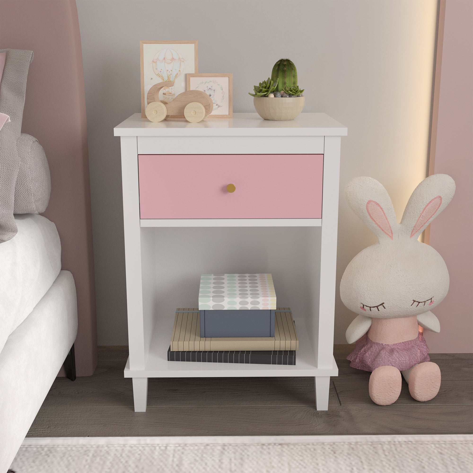 26.77''H Wooden Nightstand with One Drawer One Shelf pink-mdf