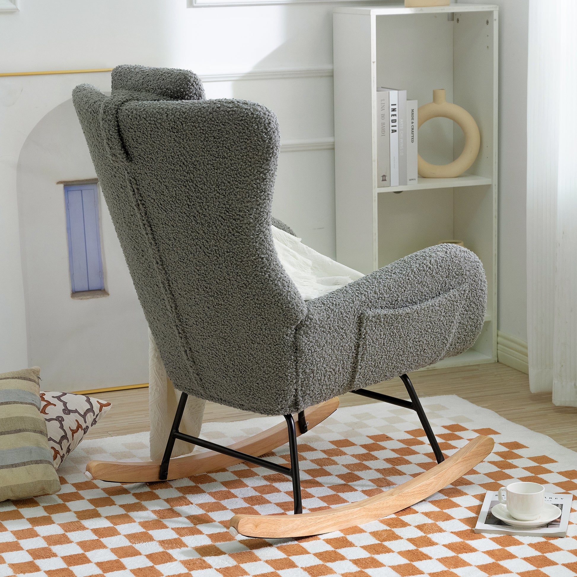 Rocking Chair Nursery, Teddy Upholstered Rocker Glider Chair With High Backrest, Adjustable Headrest & Pocket, Comfy Glider Chair For Nursery, Bedroom, Living Room, Offices, Rubber Wood, Gray Gray Polyester