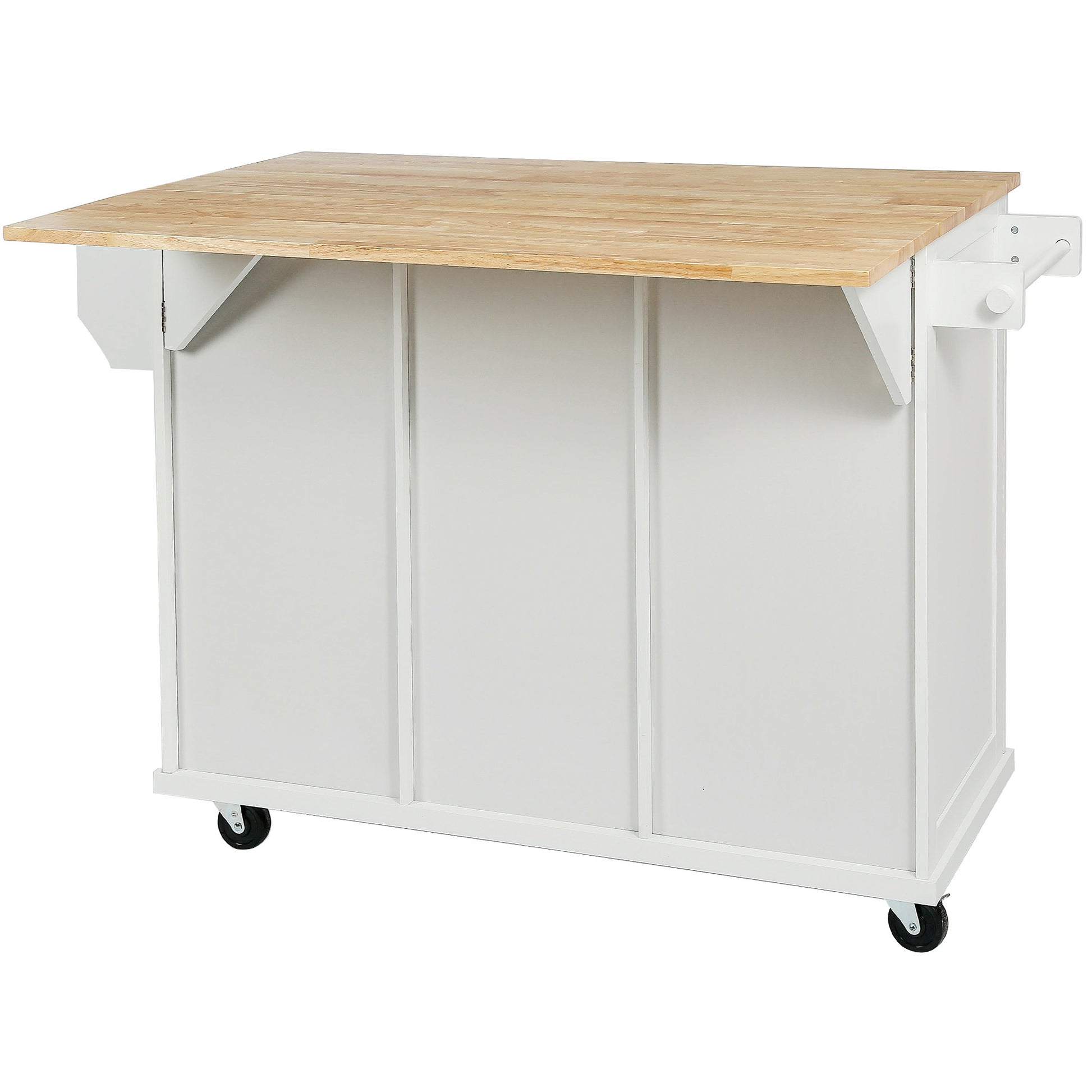 Kitchen Cart With Rubber Wood Drop Leaf Countertop ,Cabinet Door Internal Storage Racks,Kitchen Island On 5 Wheels With Storage Cabinet And 3 Drawers For Dinning Room,White White Mdf