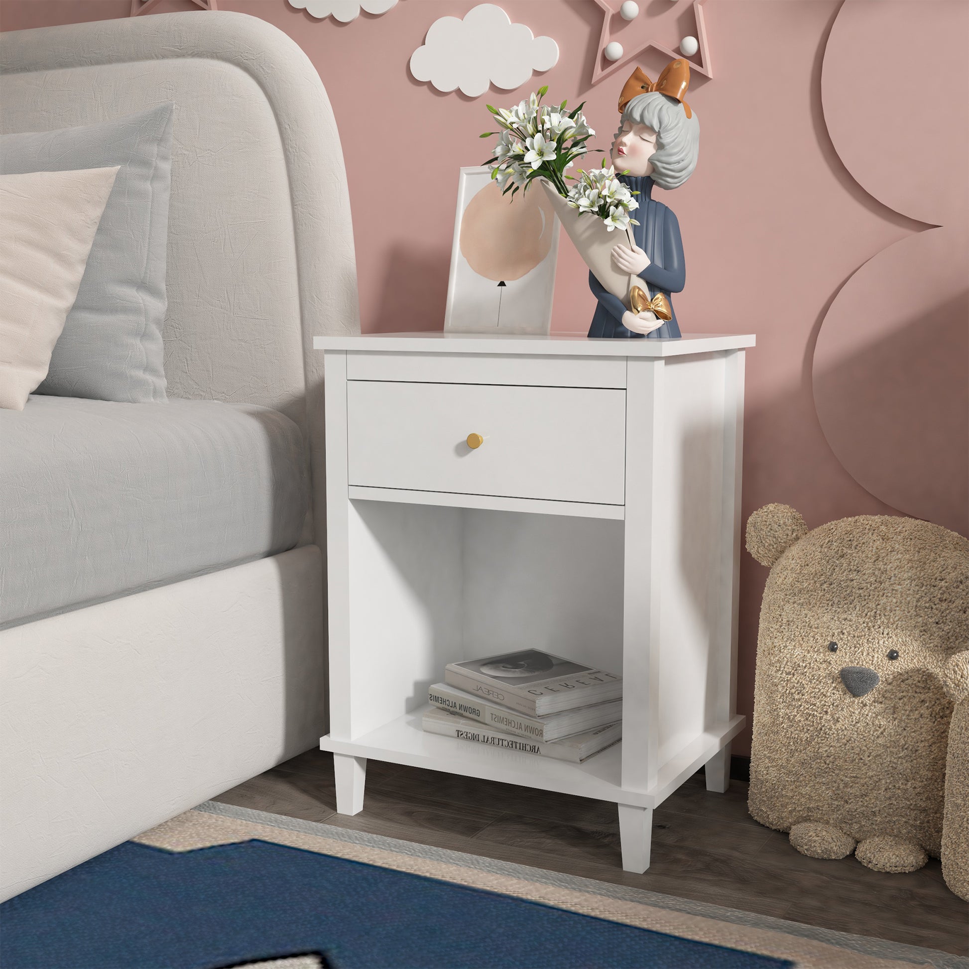 26.77''H Wooden Nightstand With One Drawer One Shelf For Kids, Adults, White White Mdf