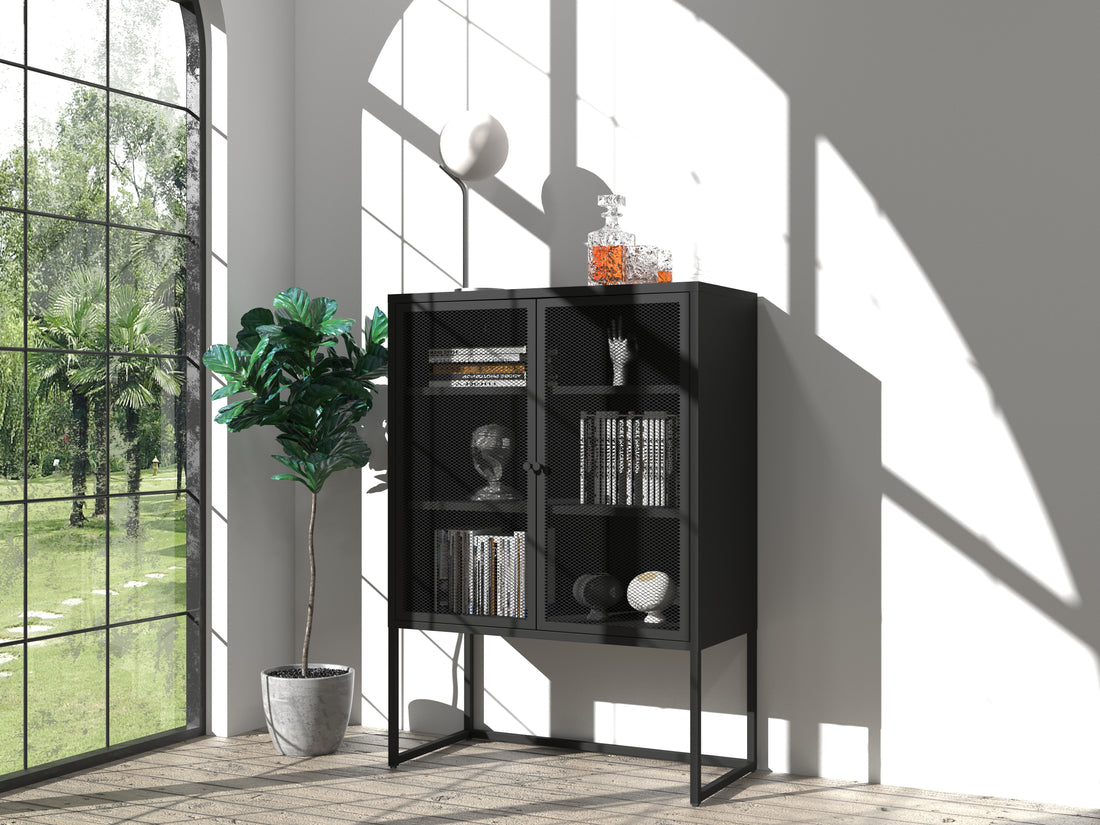 Black Storage Cabinet With Doors, Modern Black Accent Cabinet, Free Standing Cabinet, Buffet Sideboards For Bedroom, Kitchen,Home Office Black Steel