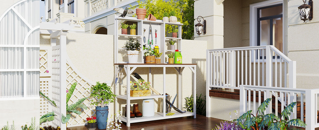 64.6" Large Outdoor Potting Bench, Garden Potting Table, Wood Workstation With 6 Tier Shelves, Large Tabletop And Side Hook For Mudroom, Backyard,White White Garden & Outdoor Casual Wood Solid Wood