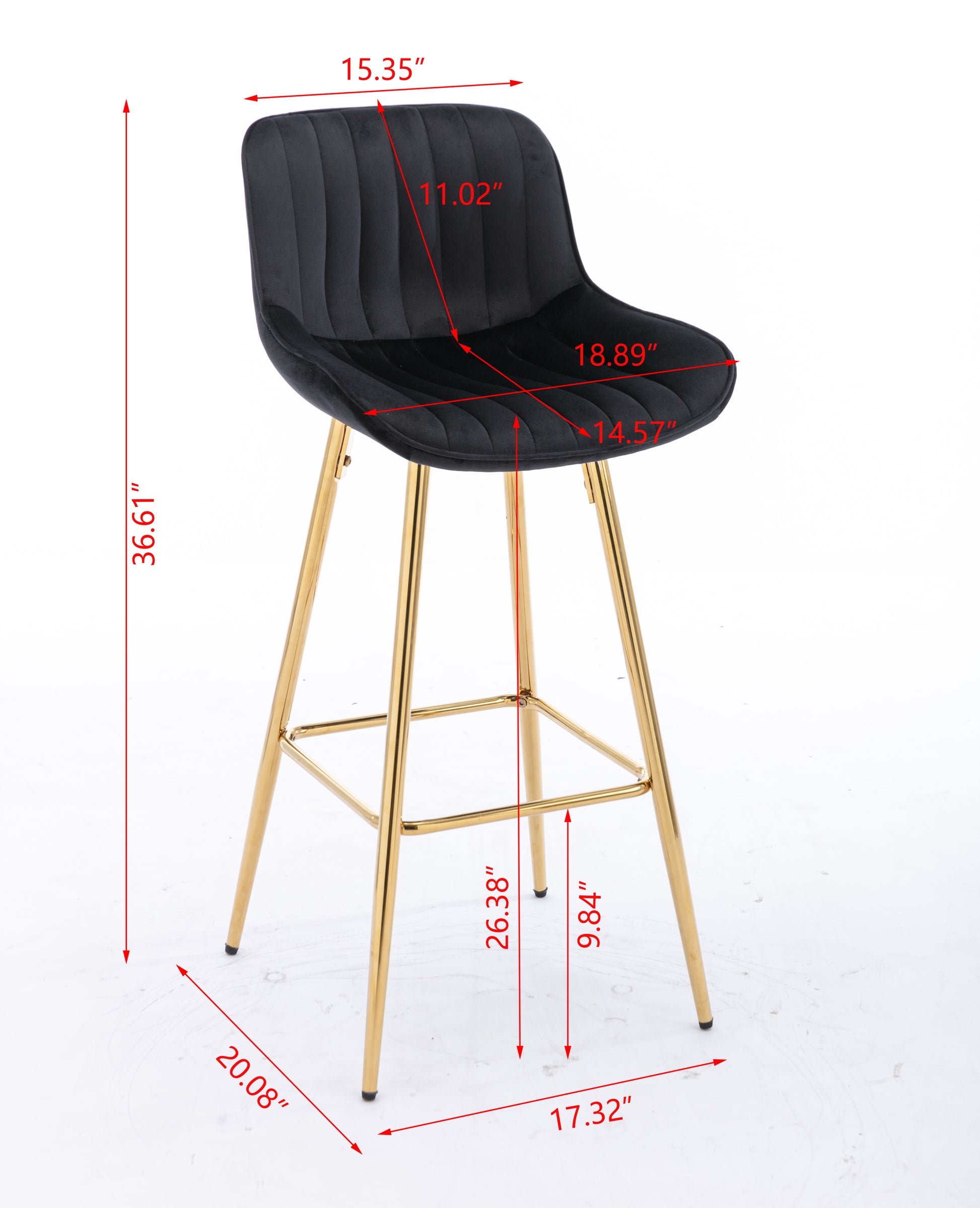 26 Inch Set Of 2 Bar Stools,With Chrome Footrest Velvet Fabric Counter Stool Golden Leg Simple Bar Stool,Black Black Foam Fabric