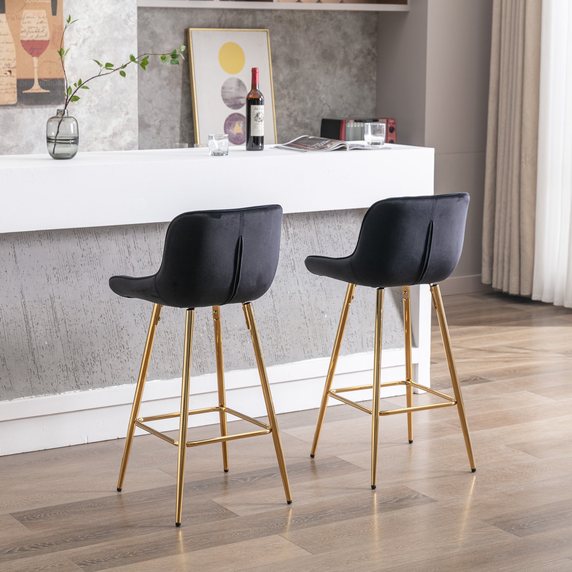 26 Inch Set Of 2 Bar Stools,With Chrome Footrest Velvet Fabric Counter Stool Golden Leg Simple Bar Stool,Black Black Foam Fabric