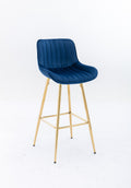30 Inch Set Of 2 Bar Stools,With Chrome Footrest Velvet Fabric Counter Stool Golden Leg Simple High Bar Stool,Blue Blue Foam Fabric