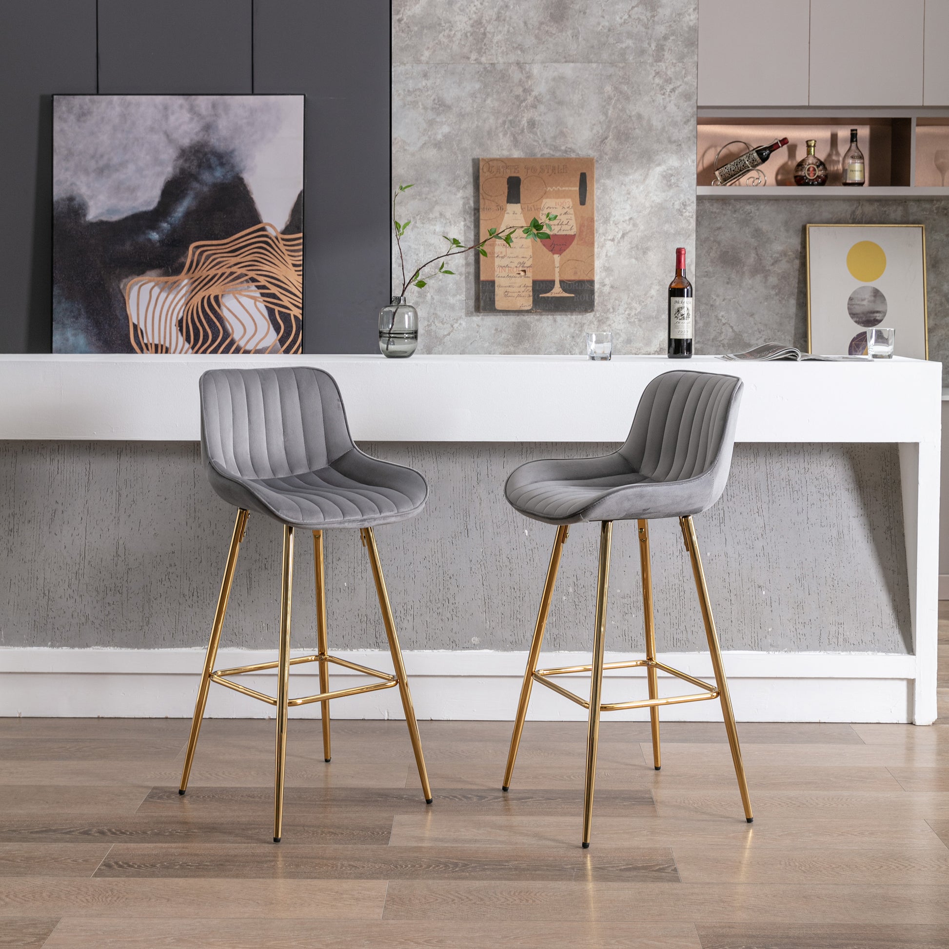 30 Inch Set Of 2 Bar Stools,With Chrome Footrest Velvet Fabric Counter Stool Golden Leg Simple High Bar Stool,Gray Gray Foam Fabric