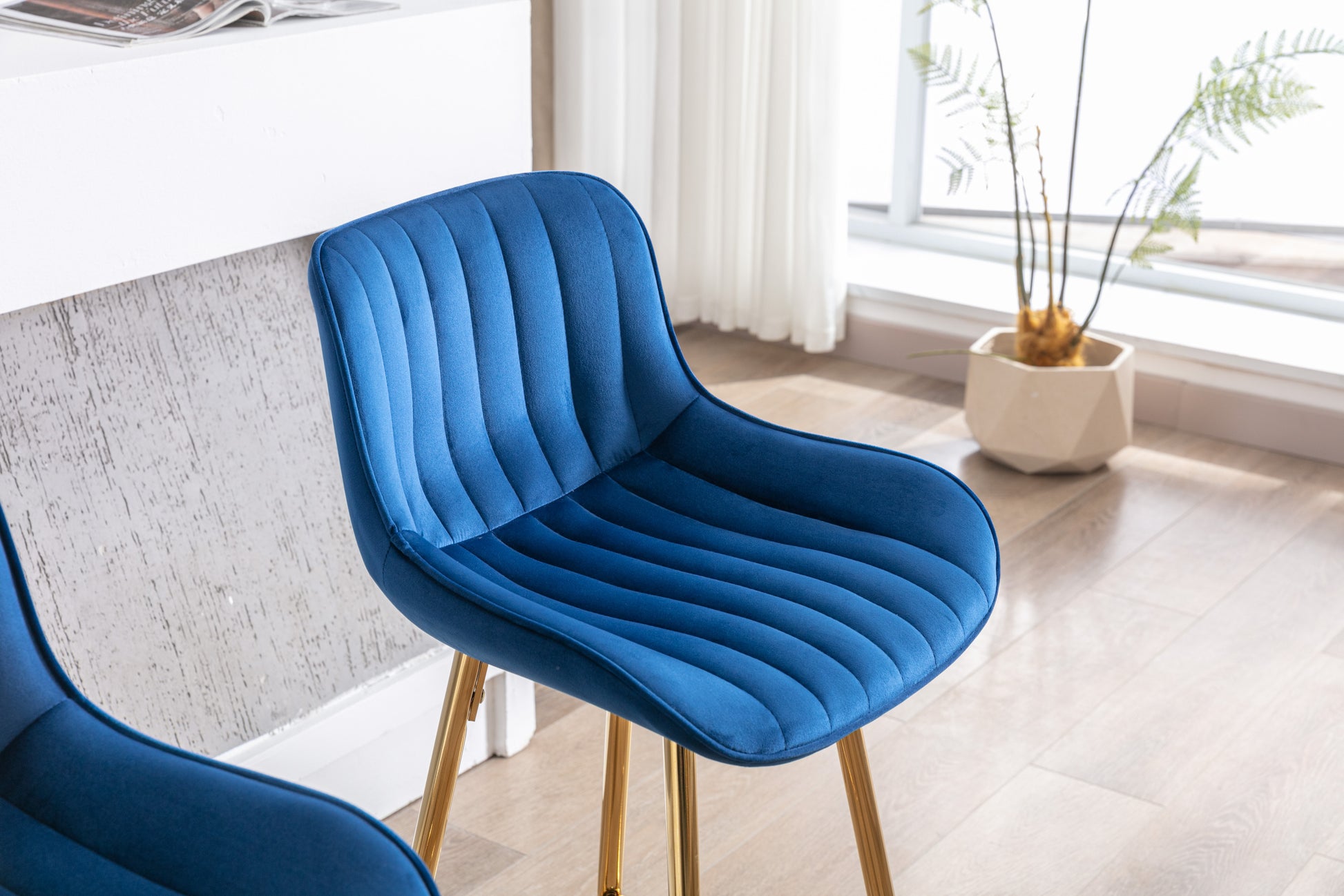 30 Inch Set Of 2 Bar Stools,With Chrome Footrest Velvet Fabric Counter Stool Golden Leg Simple High Bar Stool,Blue Blue Foam Fabric