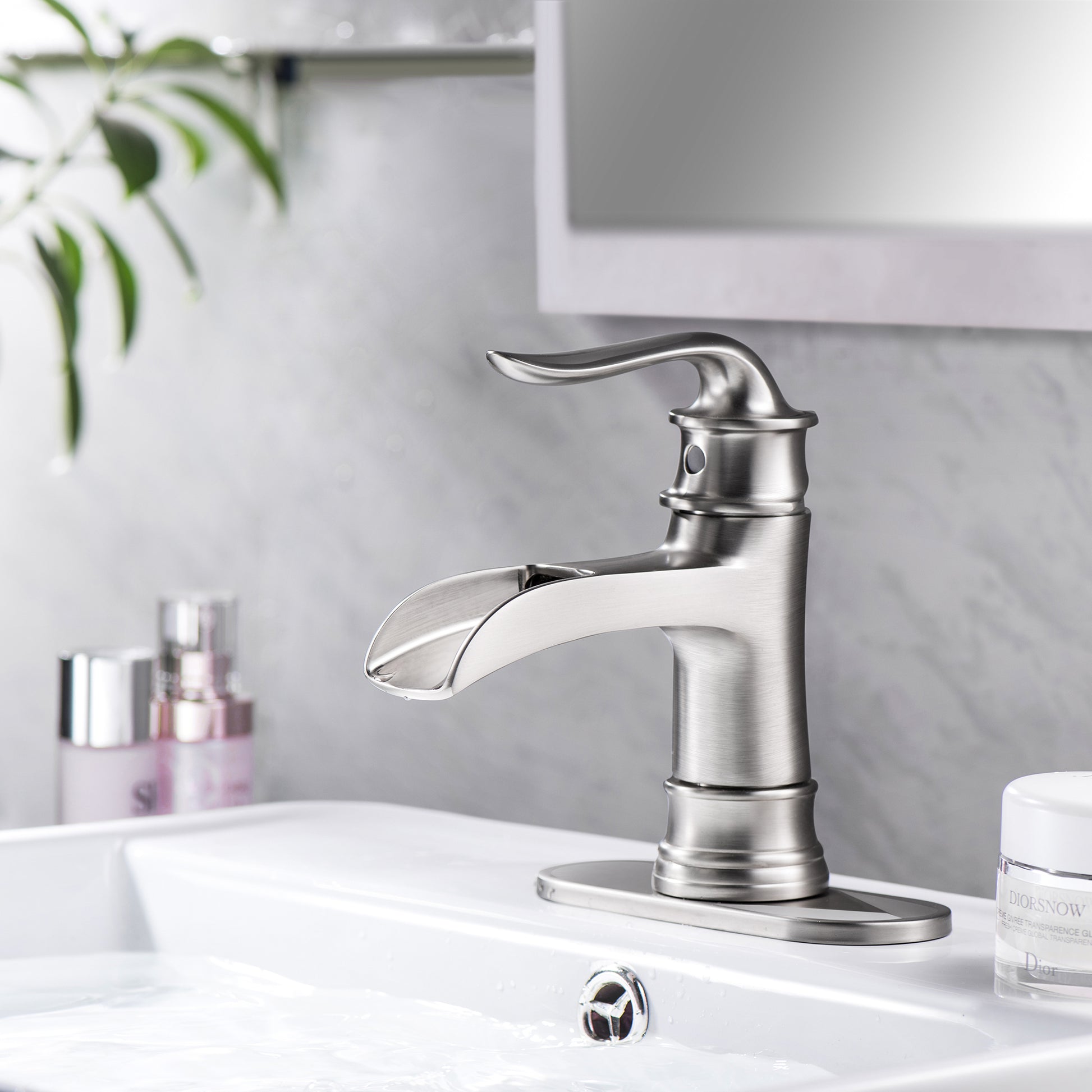 Waterfall Spout Bathroom Faucet,Single Handle Single Hole With Pop Up Drain,Brushed Nickel Brushed Nickel Stainless Steel