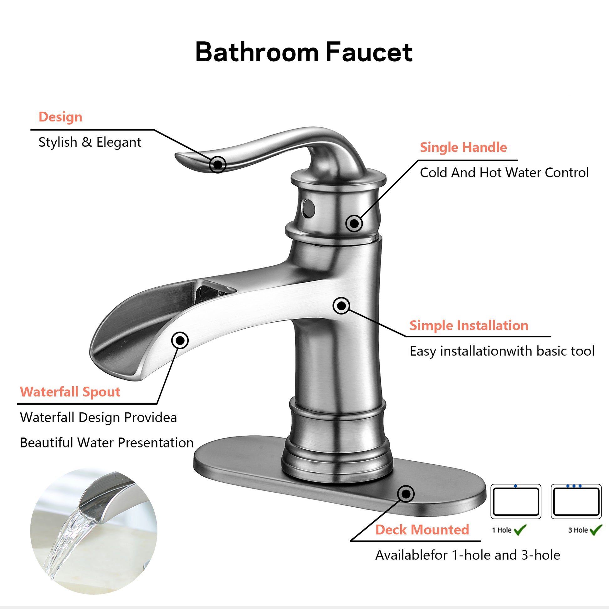 Waterfall Spout Bathroom Faucet,Single Handle Single Hole With Pop Up Drain,Brushed Nickel Brushed Nickel Stainless Steel