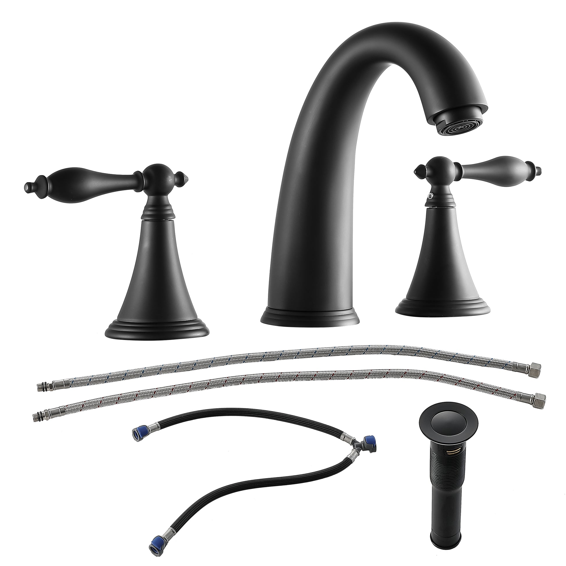 2 Handle Widespread Bathroom Faucet 3 Hole, With Pop Up Drain And 2 Water Supply Lines, Matte Black Matte Black Stainless Steel