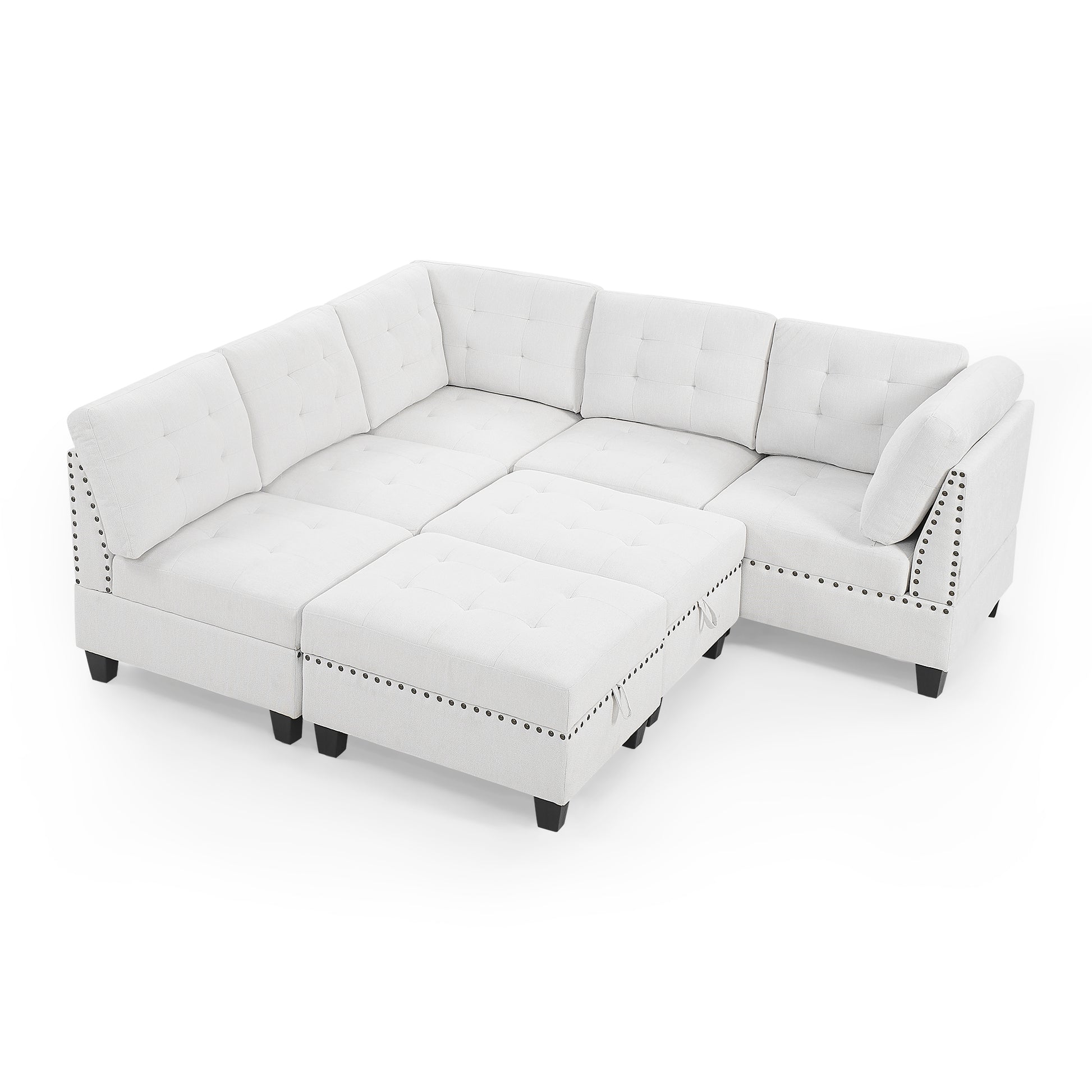 L Shape Modular Sectional Sofa,Diy Combination,Includes Three Single Chair ,Two Corner And Two Ottoman,Ivory Chenille Ivory Foam Chenille