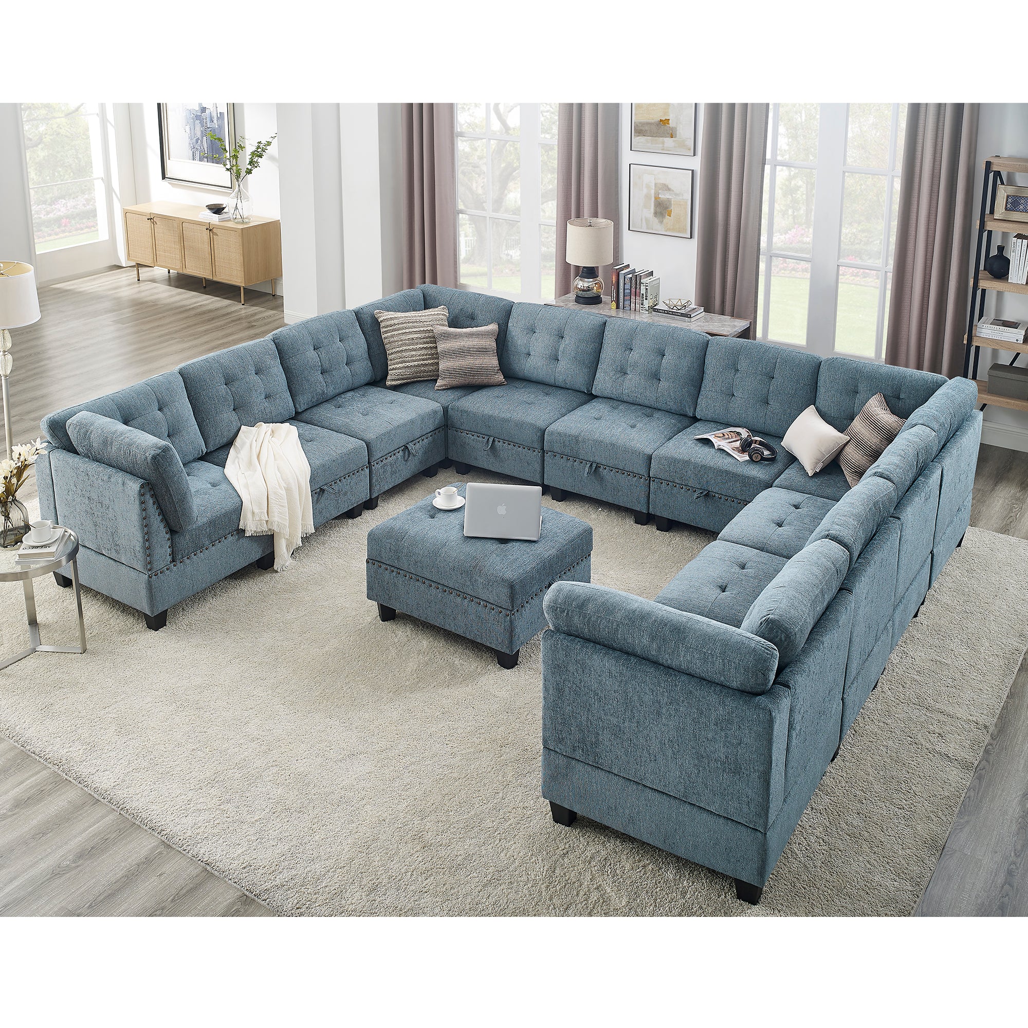 U Shape Modular Sectional Sofa,Diy Combination,Includes Seven Single Chair, Four Corner And One Ottoman,Navy Blue Navy Plywood Chenille