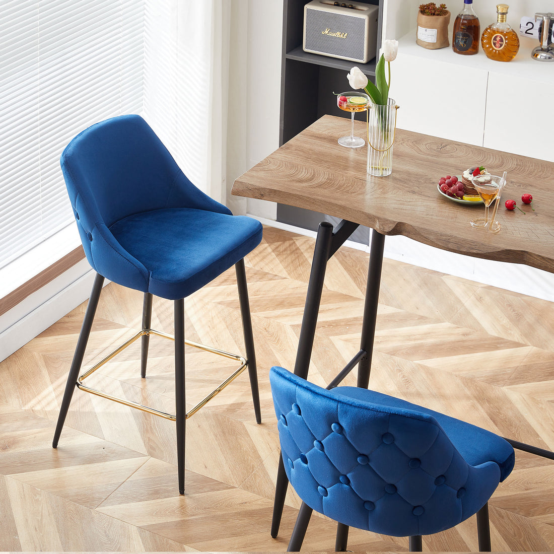 Blue Velvet Swivel Bar Chair Bar Stool And Metal Modern High Bar Furniture Commercial Furniture Blue Kitchen Modern Foam Velvet