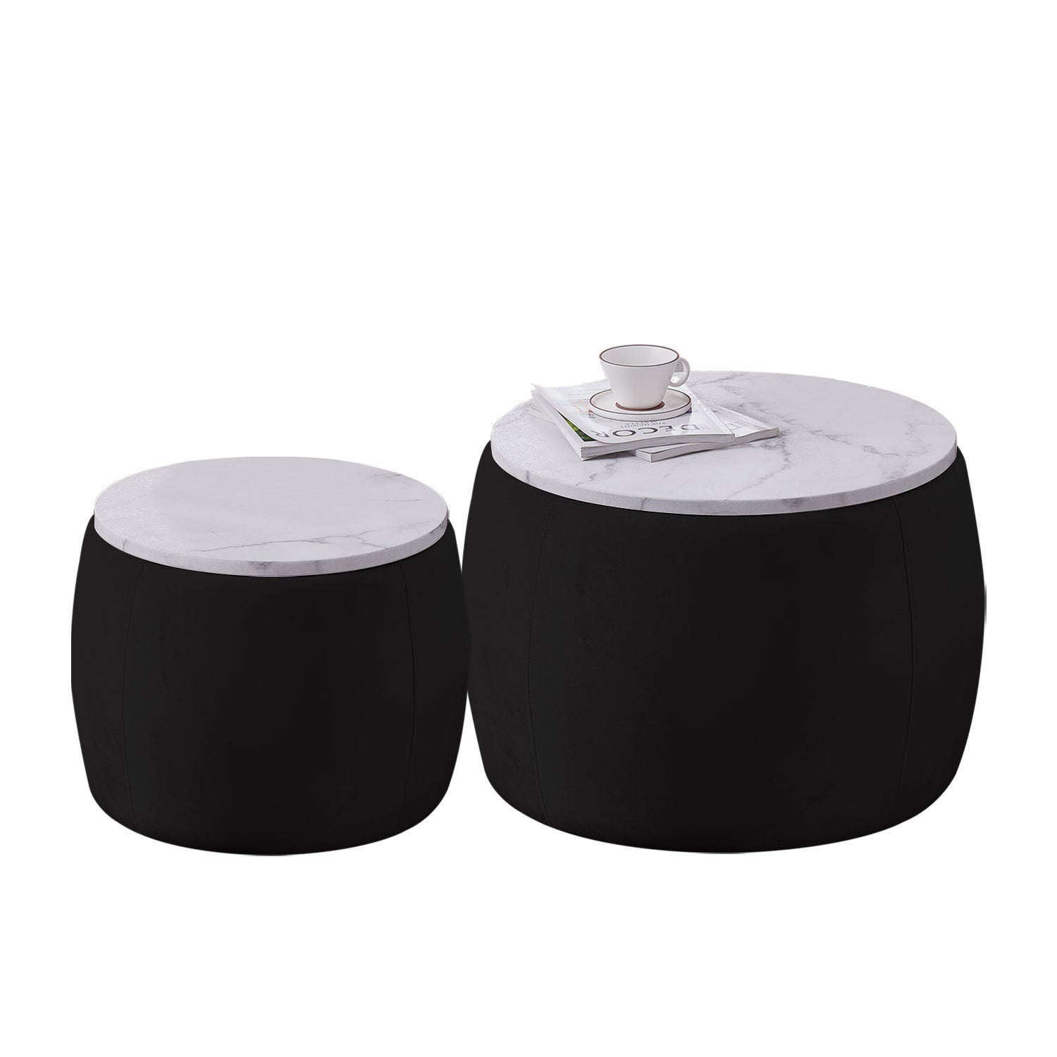 Set of 2 End Table with Storage, Round Accent Side matt black-metal & wood