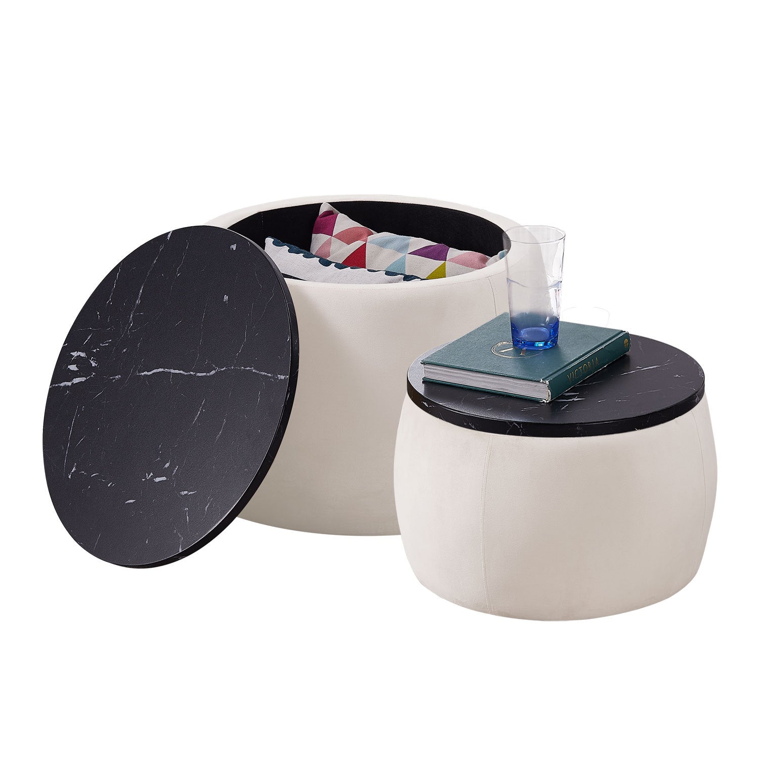 Set Of 2 Nesting Round Storage Ottoman, Coffee Table Footstool With Mdf Cover For Living Room, Bedroom, Top 650*450, 480*390,Beige Beige Foam Mdf