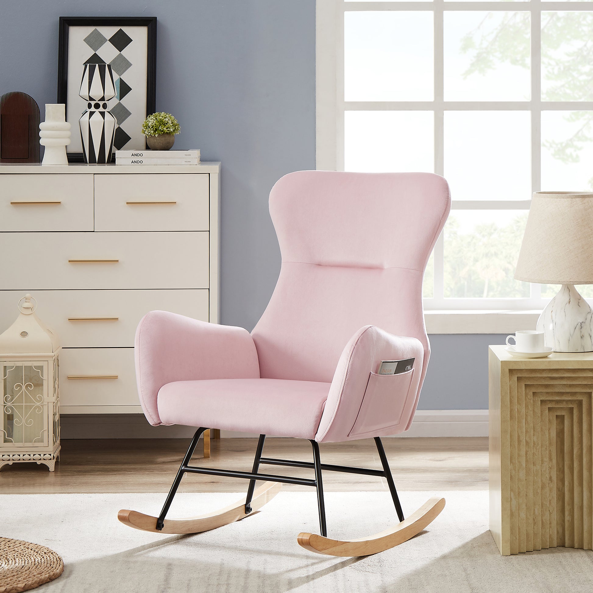 Pink Velvet Rocking Chair Pink Foam Metal