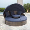 Kd Rattan Round Lounge With Canopy Bali Canopy Bed Outdoor, Wicker Outdoor Sofa Bed With Lift Coffee Table Navy Blue Cotton Steel