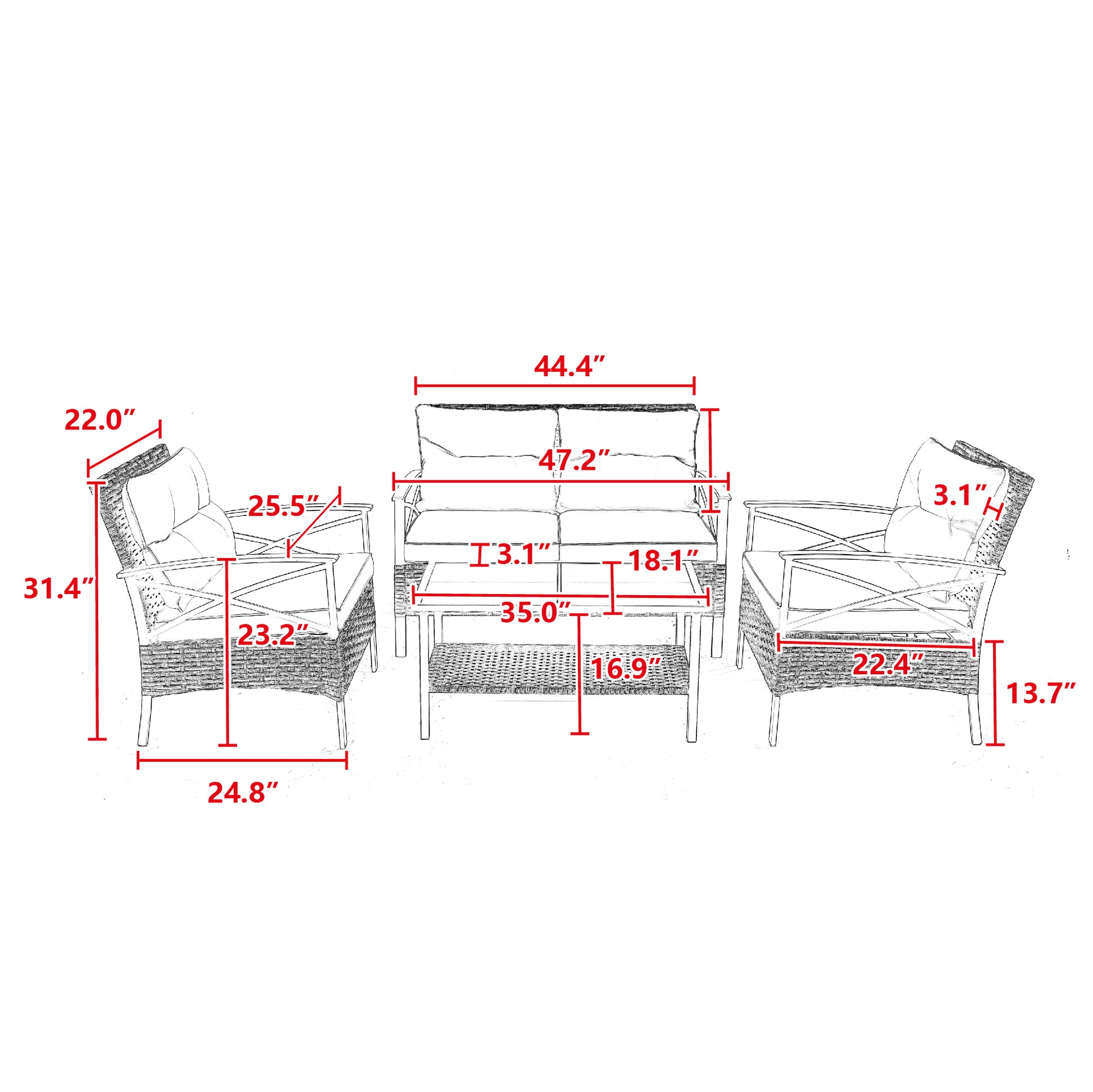 Patio 4 Piece Sectional Low Dining Conversation Sofa Set Kd Rattan Wicker Outdoor Garden Furniture Corner Sofa Set With Cushion. Blue Cotton Steel