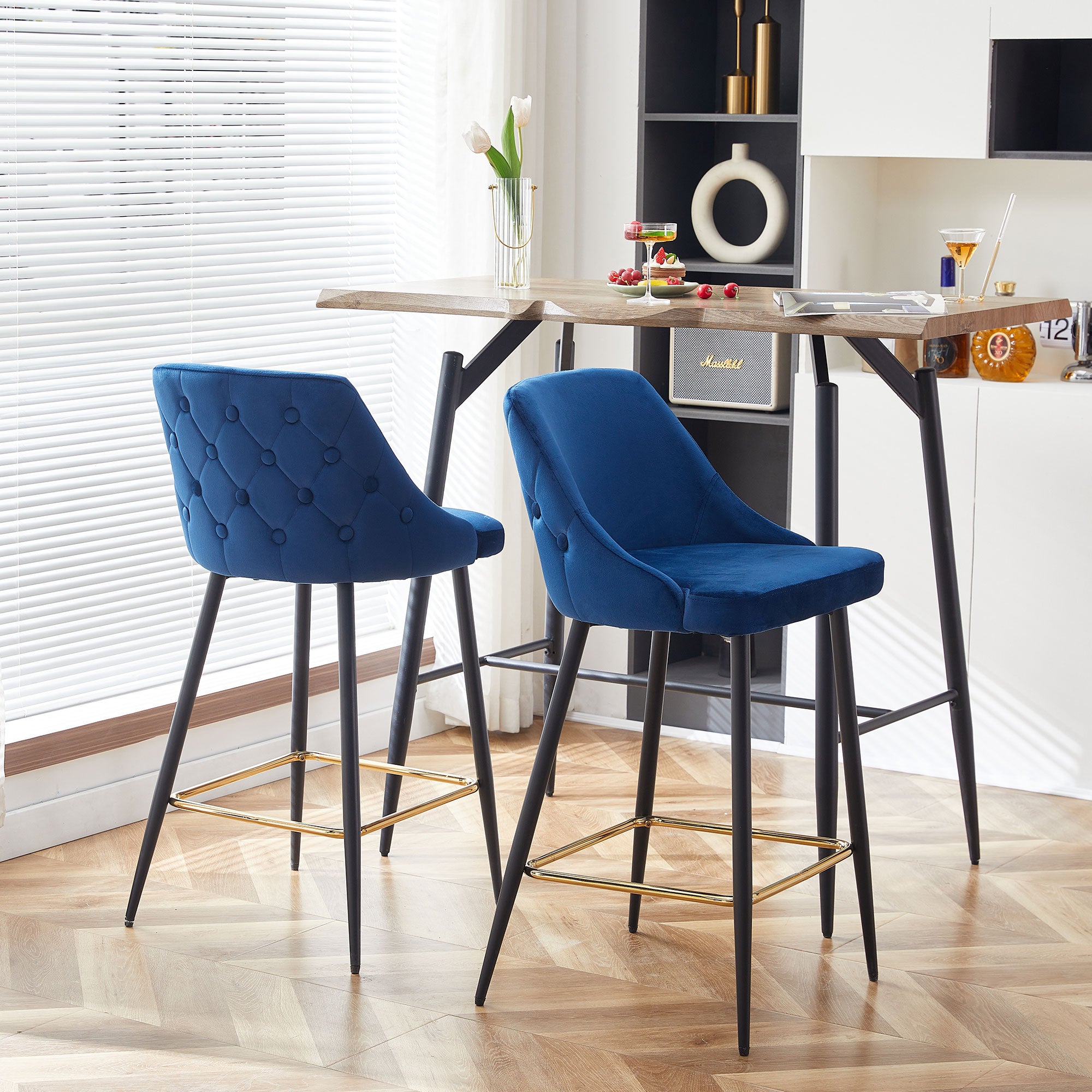 Blue Velvet Swivel Bar Chair Bar Stool And Metal Modern High Bar Furniture Commercial Furniture Blue Kitchen Modern Foam Velvet