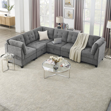 L Shape Modular Sectional Sofa,Diy Combination,Includes Three Single Chair And Three Corner ,Grey Chenille Grey Foam Chenille