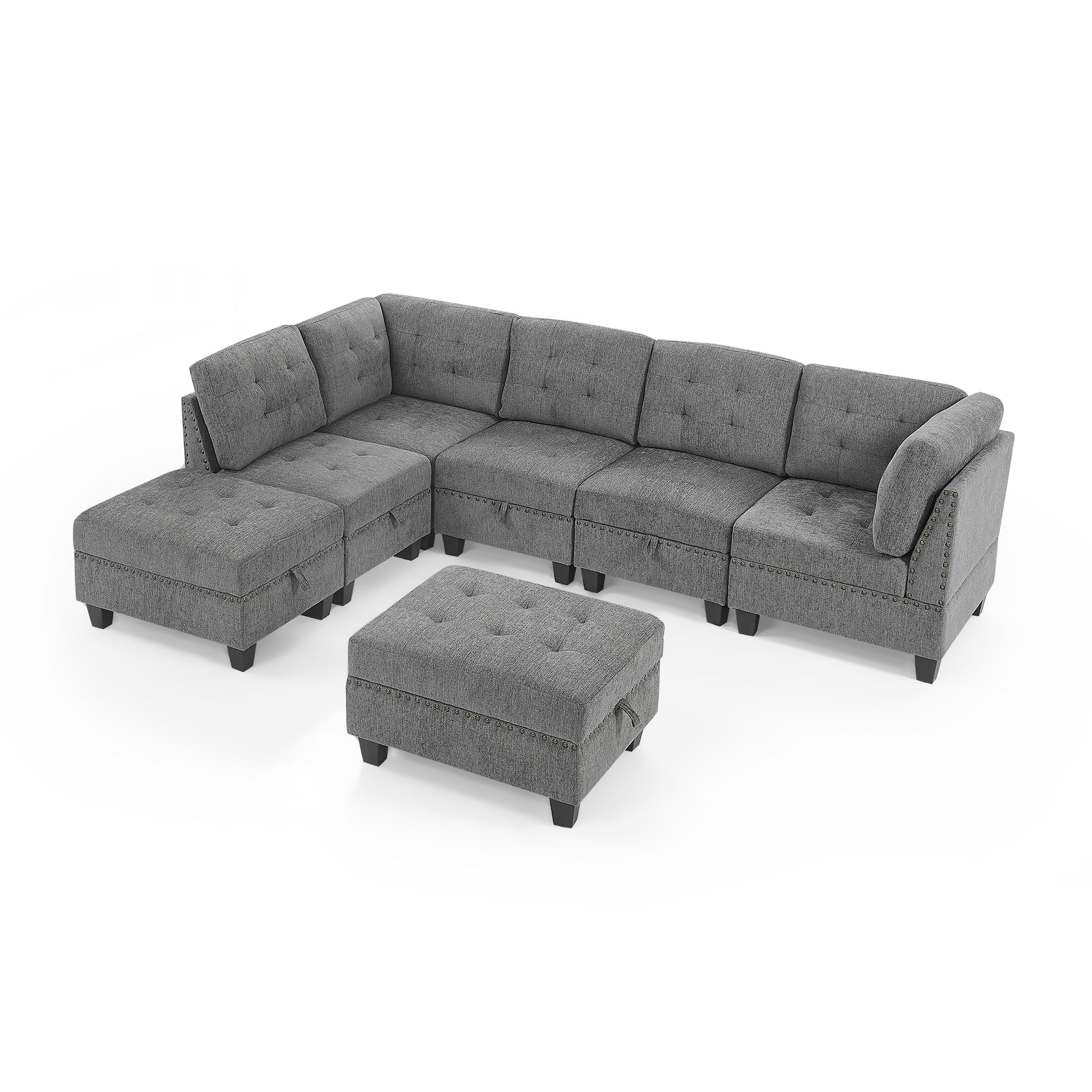 L Shape Modular Sectional Sofa,Diy Combination,Includes Three Single Chair ,Two Corner And Two Ottoman,Grey Chenille Grey Foam Chenille