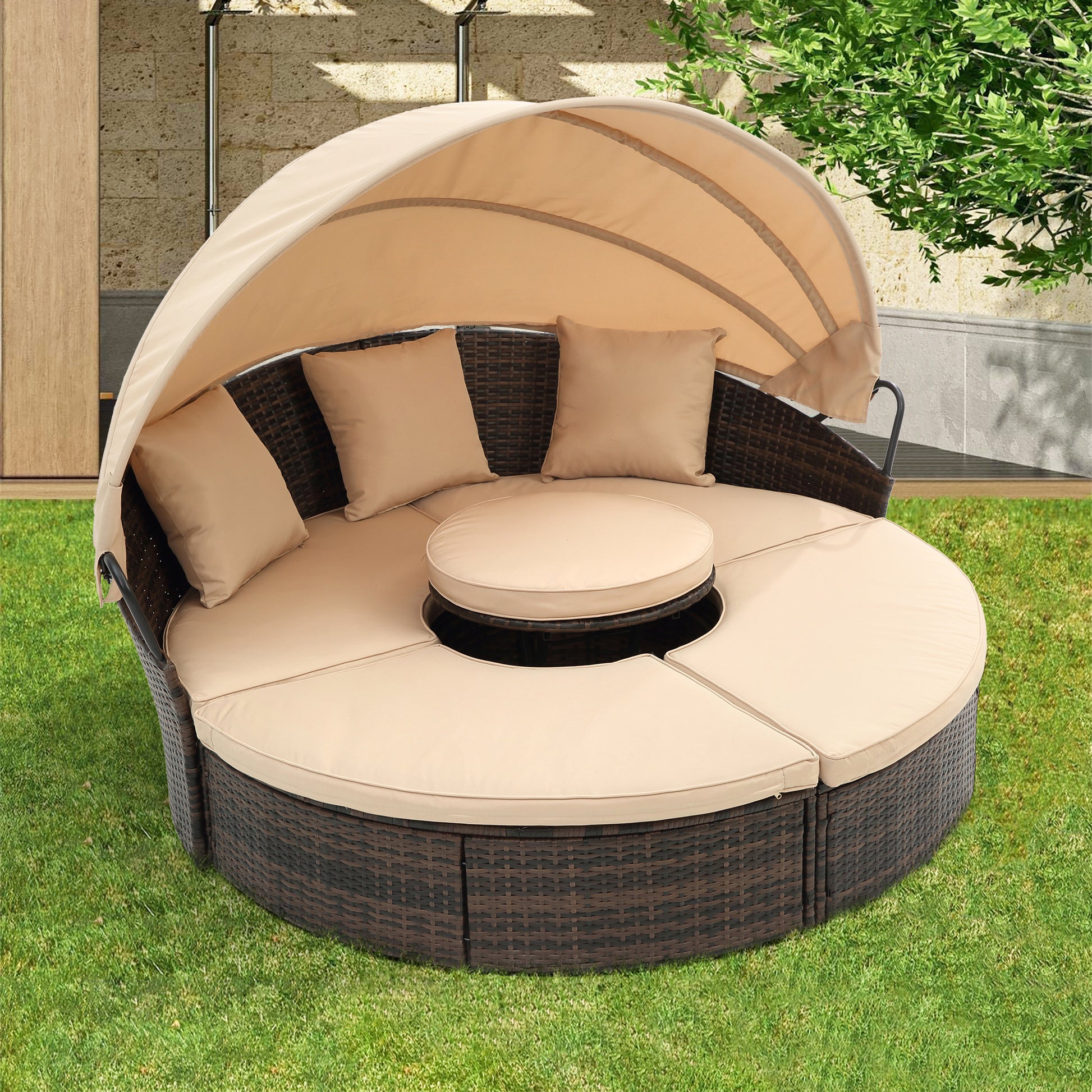 Kd Rattan Round Lounge With Canopy Bali Canopy Bed Outdoor, Wicker Outdoor Sofa Bed With Lift Coffee Table Beige Cotton Steel