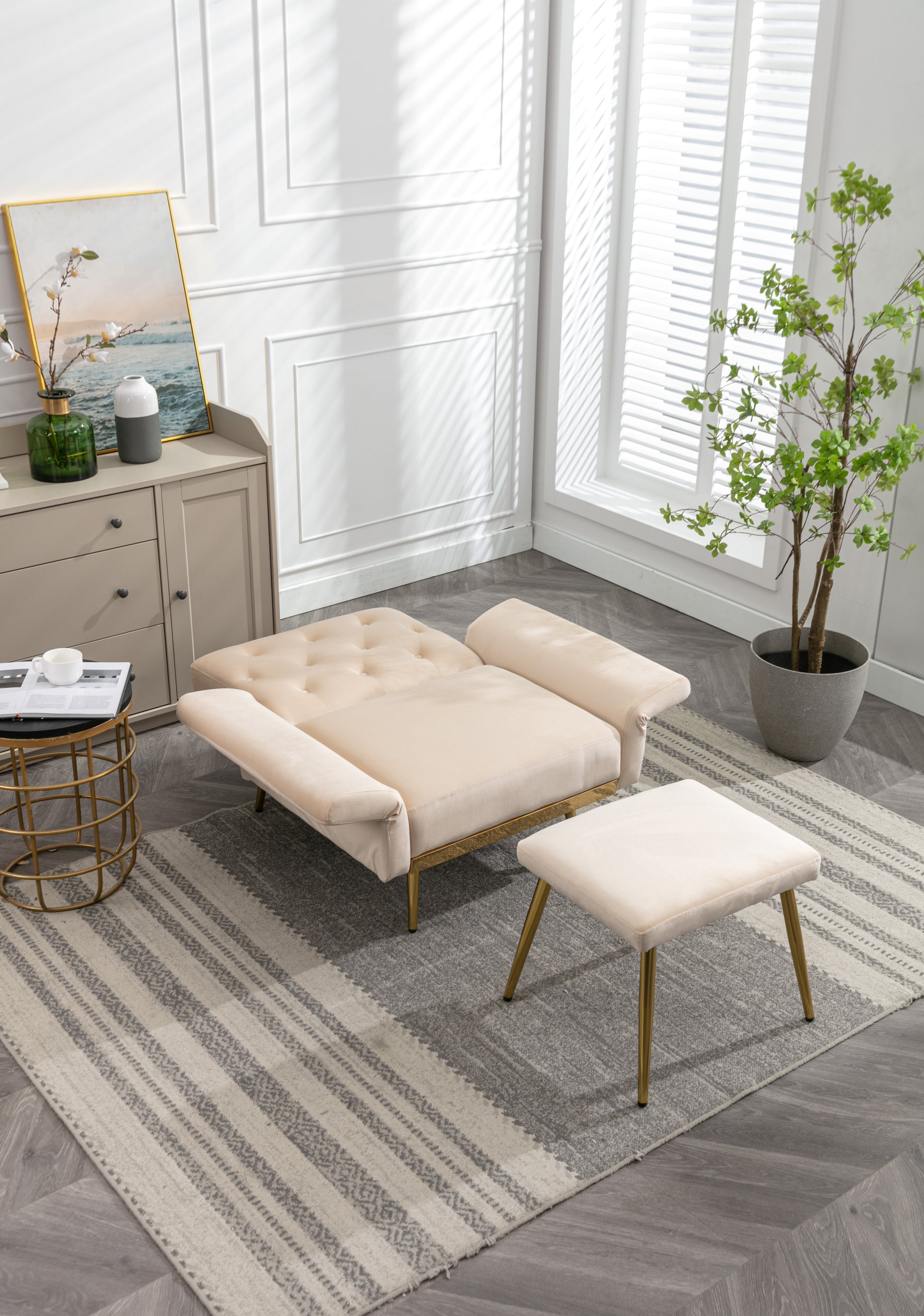 Coolmore Velvet Accent Chair With Adjustable Armrests And Backrest, Button Tufted Lounge Chair, Single Recliner Armchair With Ottoman Beige Metal