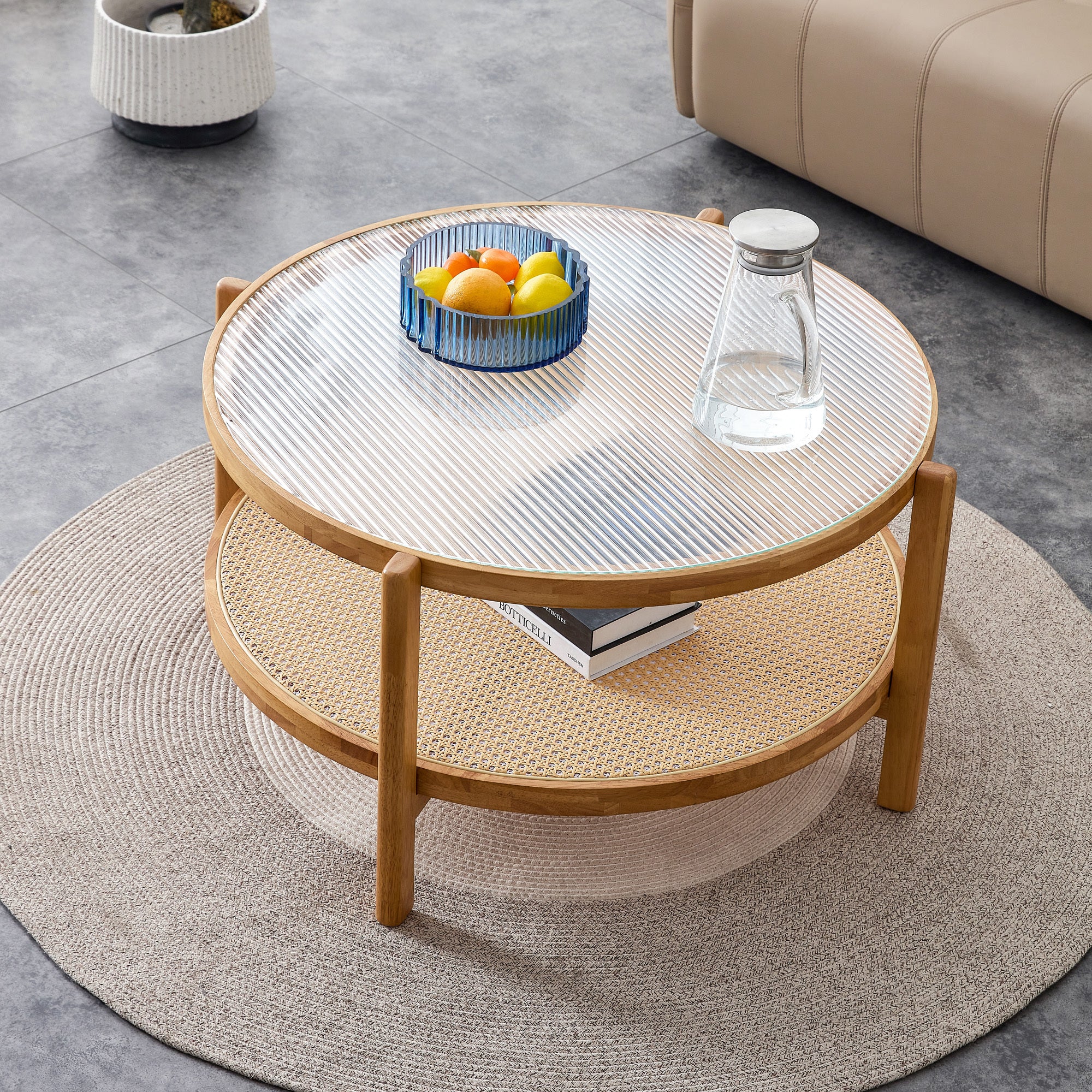 Modern Simple Circular Double Layer Solid Wood Tea Table Rattan Woven Chinese Side Table Small Round Table Suitable For Living Room, Dining Room And Bedroom Natural Wood Solid Wood