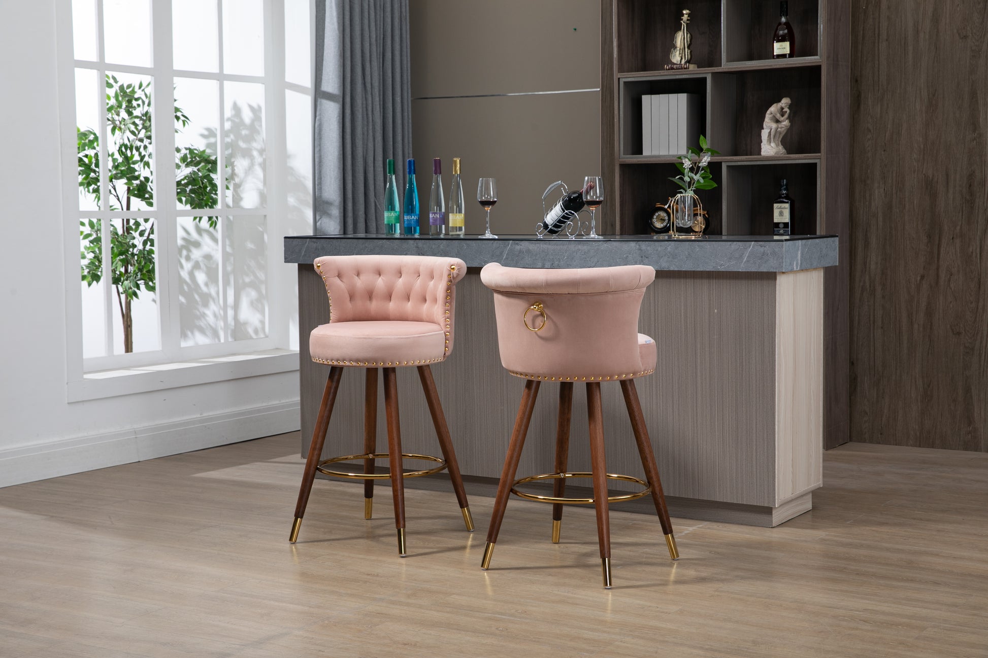 Coolmore Swivel Bar Stools With Backrest Footrest With A Fixed Height Of 360 Degrees Pink Solid Wood