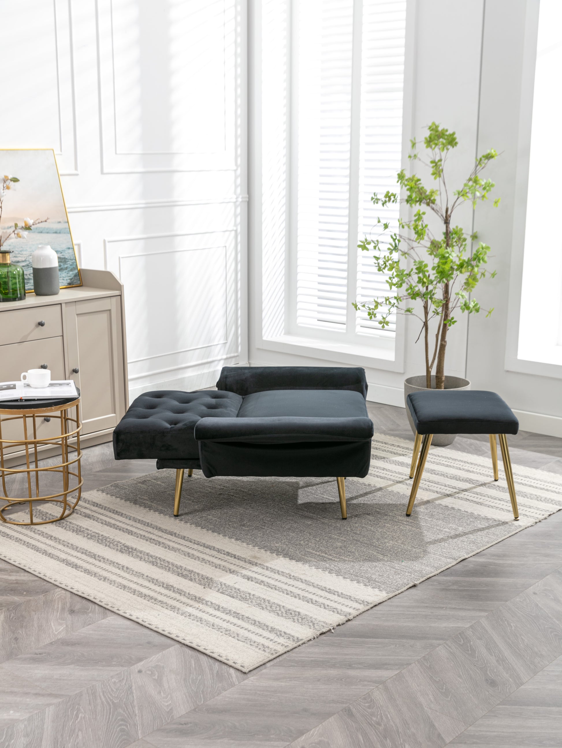 Coolmore Velvet Accent Chair With Adjustable Armrests And Backrest, Button Tufted Lounge Chair, Single Recliner Armchair With Ottoman Black Metal