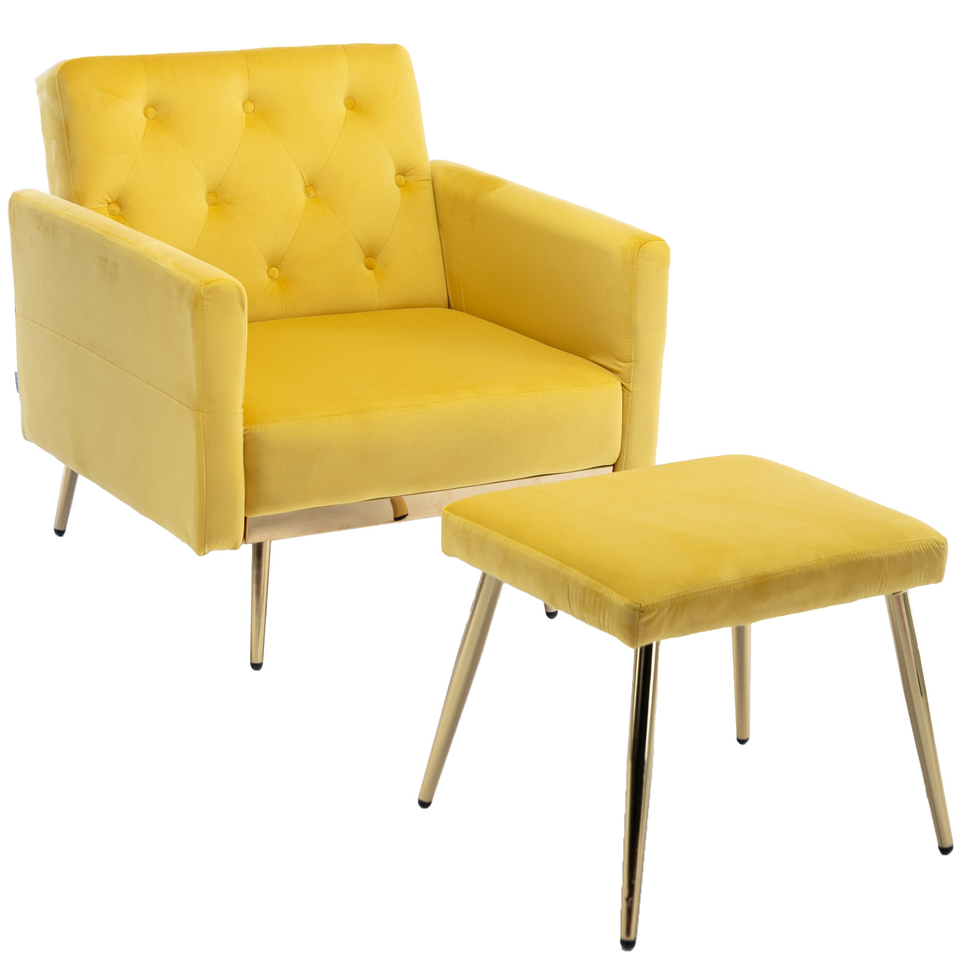 Coolmore Velvet Accent Chair With Adjustable Armrests And Backrest, Button Tufted Lounge Chair, Single Recliner Armchair With Ottoman Mustard Metal
