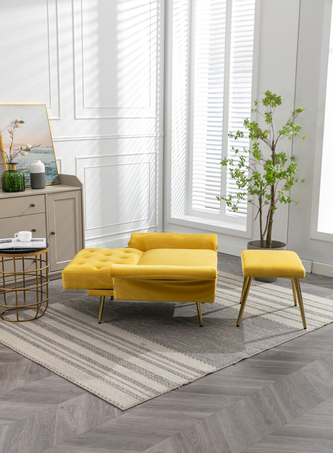 Coolmore Velvet Accent Chair With Adjustable Armrests And Backrest, Button Tufted Lounge Chair, Single Recliner Armchair With Ottoman Mustard Metal