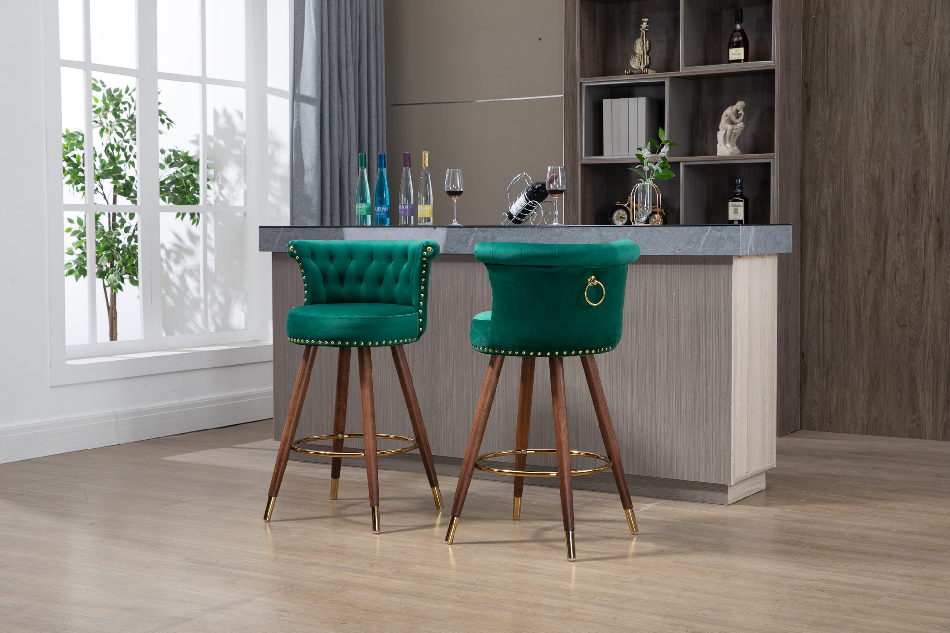Coolmore Swivel Bar Stools With Backrest Footrest With A Fixed Height Of 360 Degrees Emerald Solid Wood